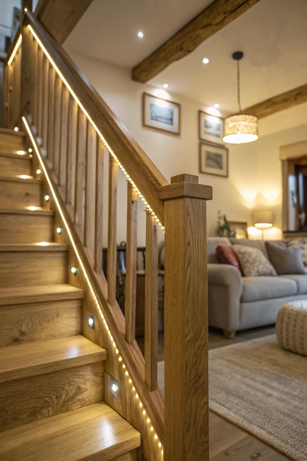 Timber handrails featuring concealed LED lighting, adding a warm touch