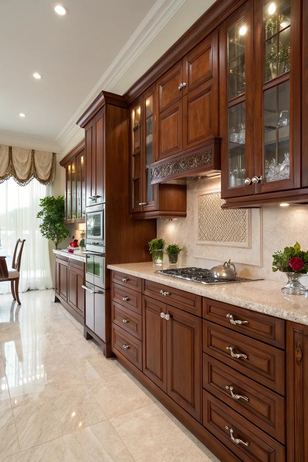 Crystal knobs introduce a touch of glamor to cherry cabinets.