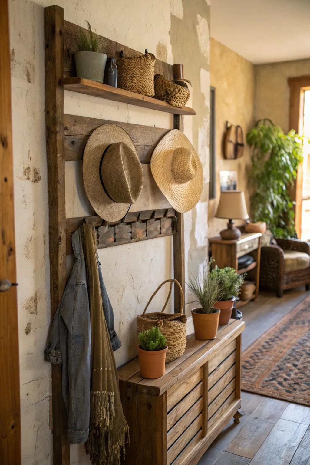Handcrafted hat rack displaying rustic charm.