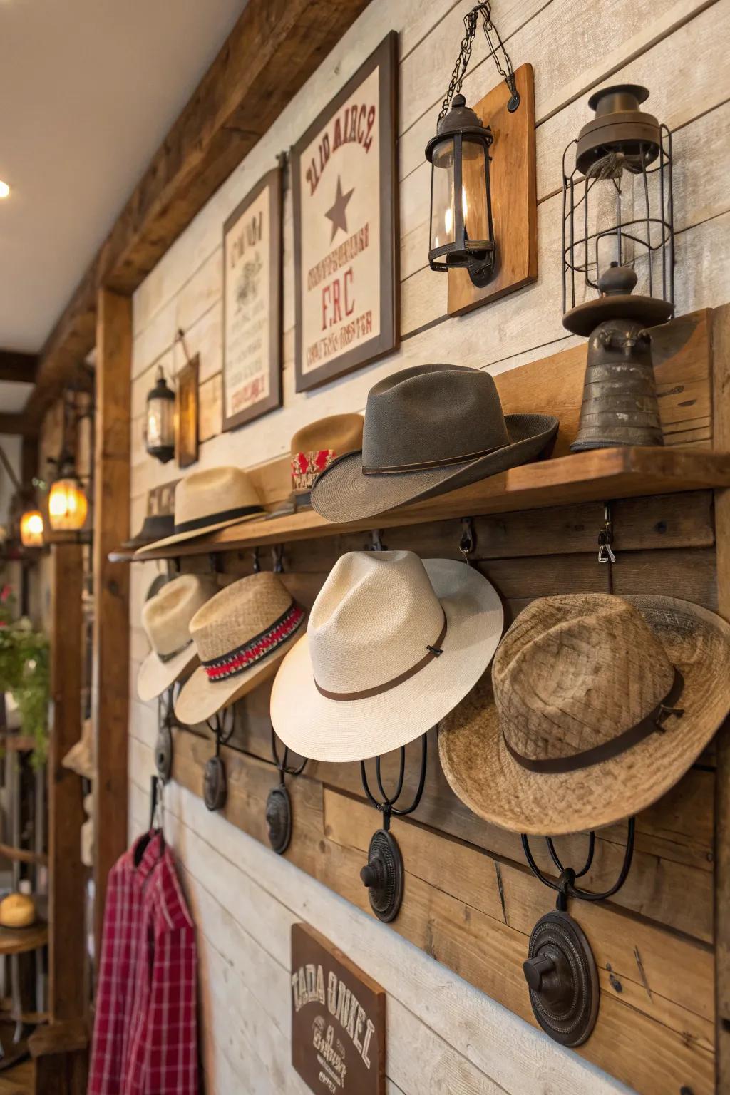A country theme brings personality to your hat display.