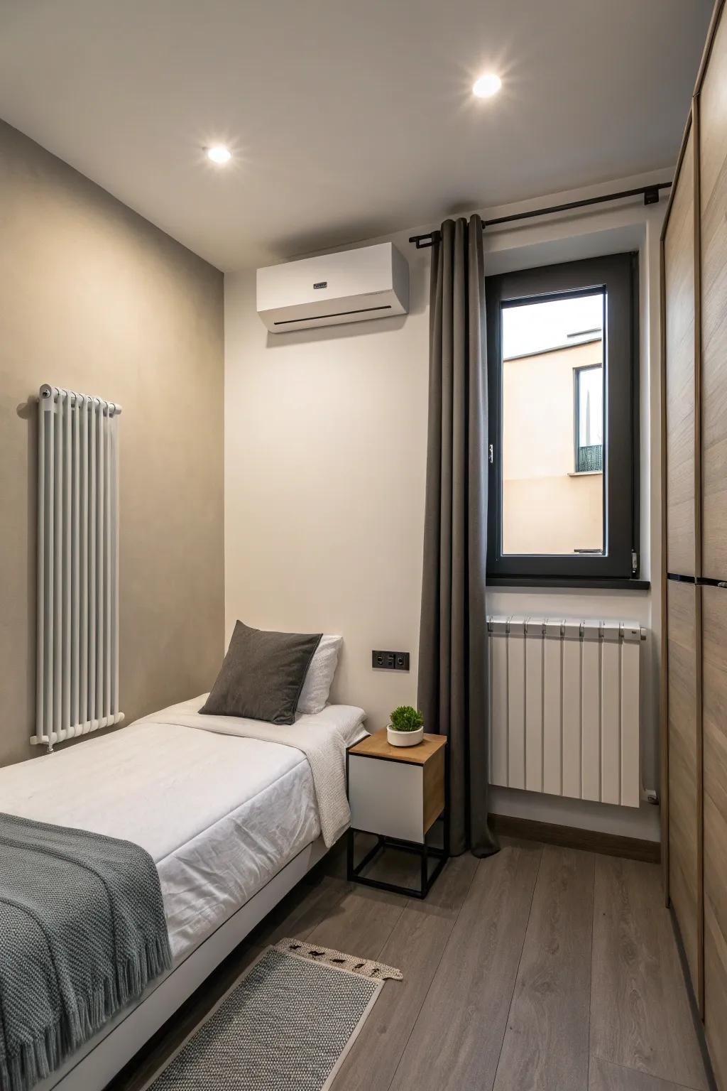 A small modern bedroom equipped with a streamlined wall-fastened warmer for efficient space warming.