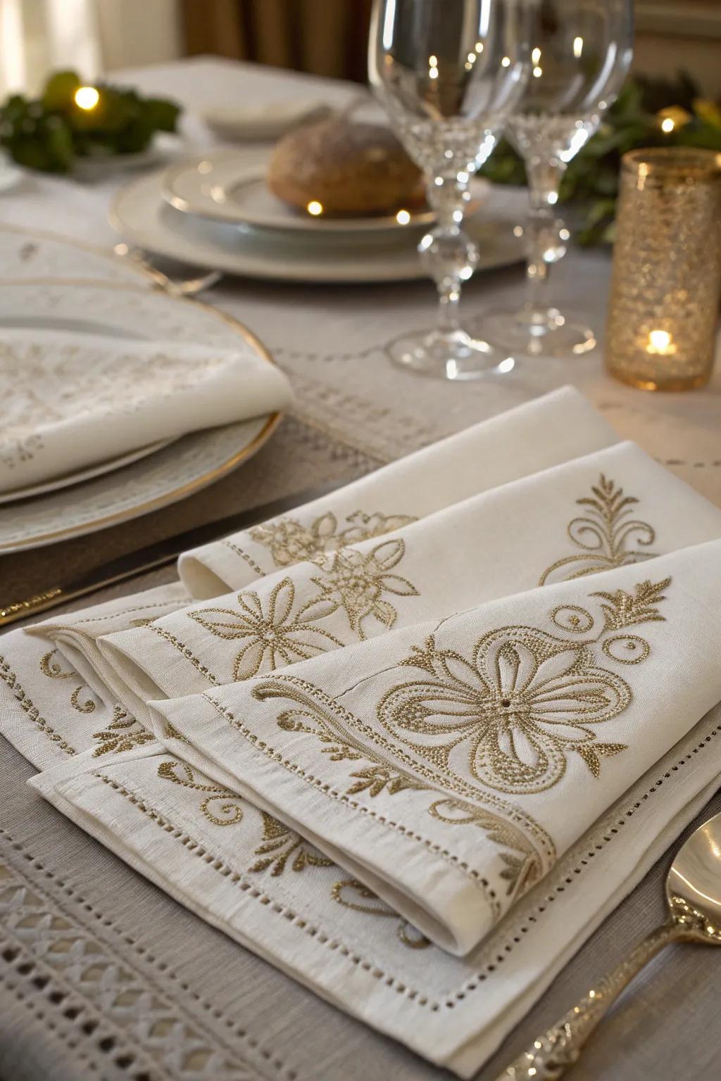 Ornamented linens infuse refinement into everyday dining.