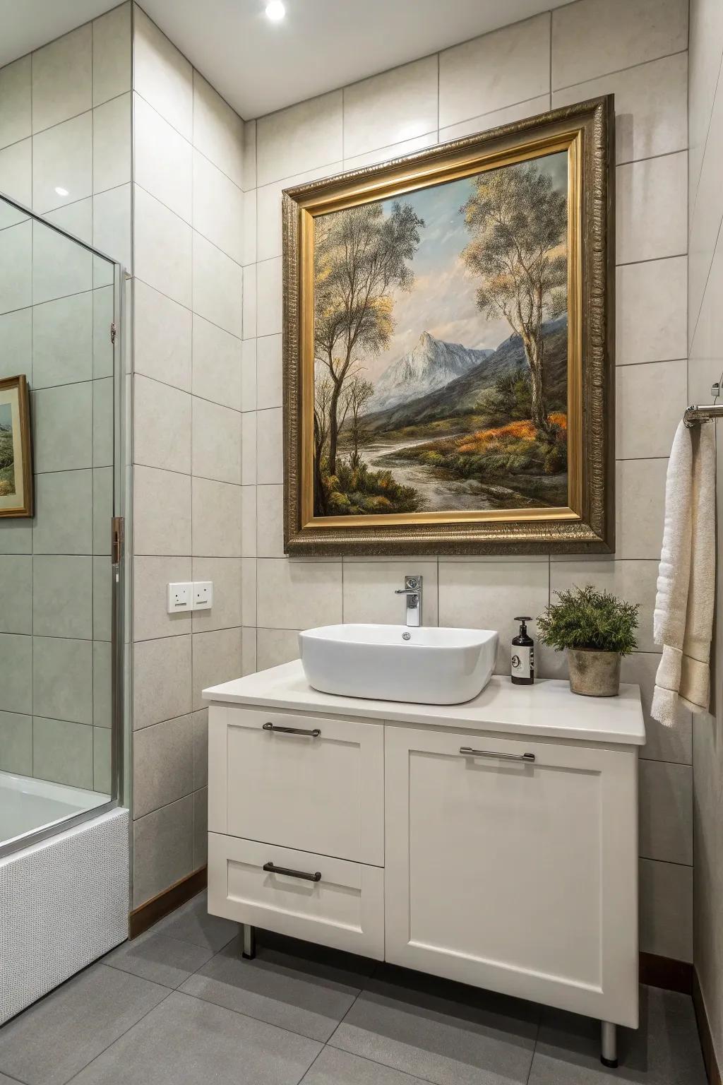 A canvas cleverly disguising a hidden medicine cabinet.