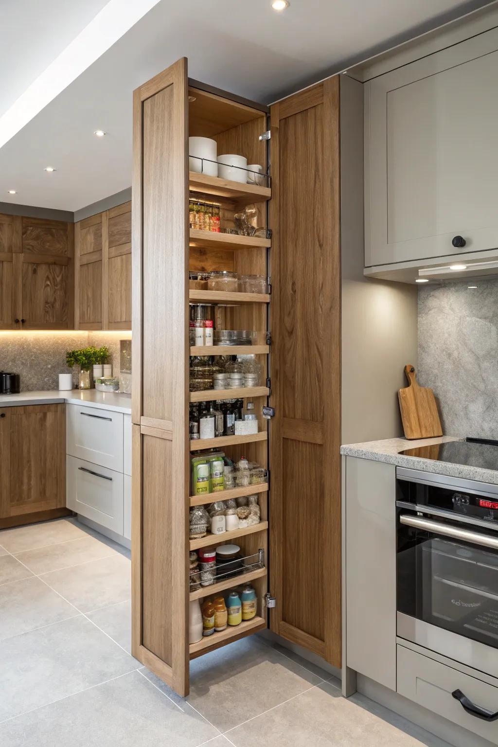 A ceiling-height concealed pantry employing upright space effectively.