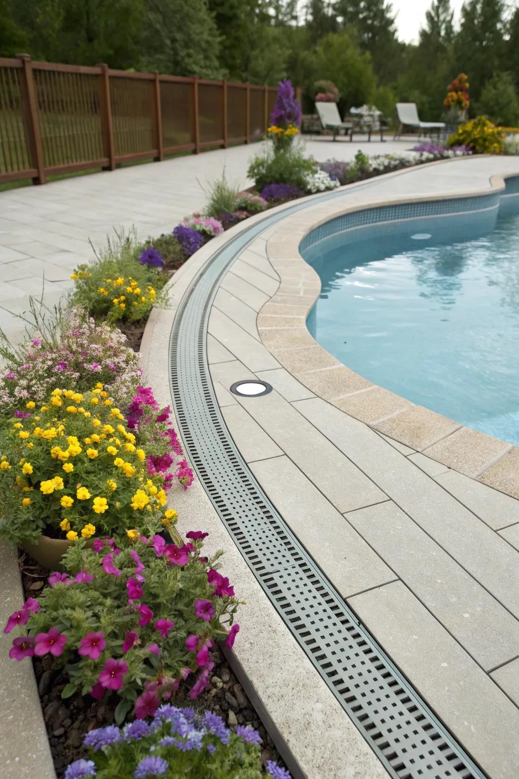 Contoured drain designs create a whimsical pattern surrounding the pool.