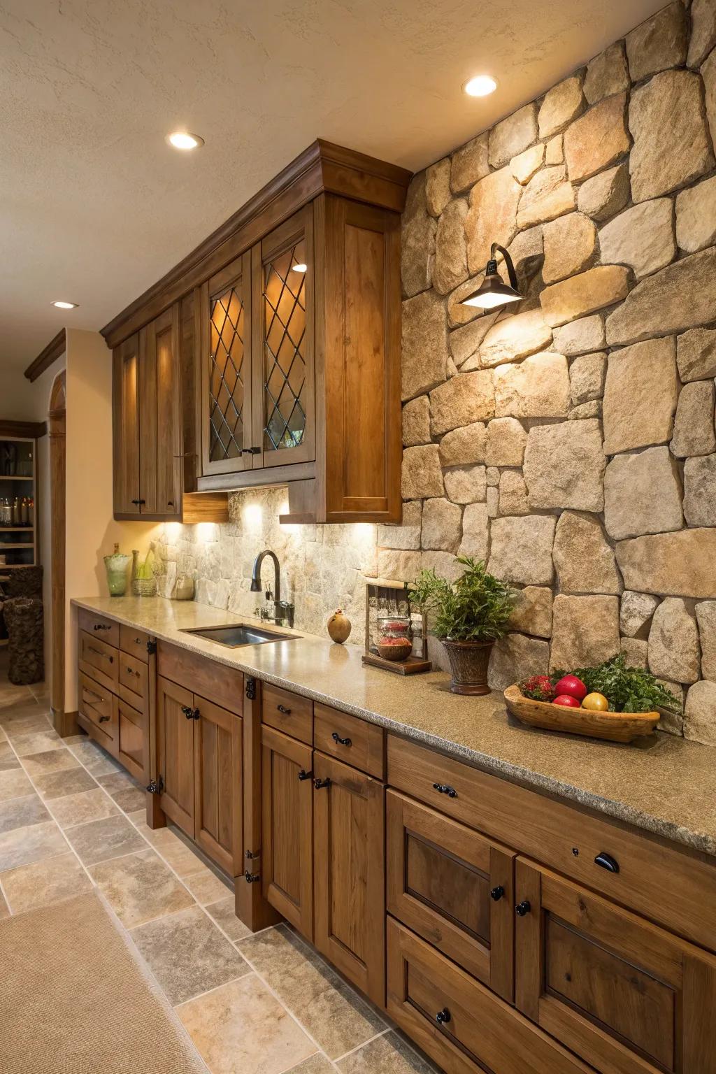 A natural stone backsplash brings a touch of the outdoors in.