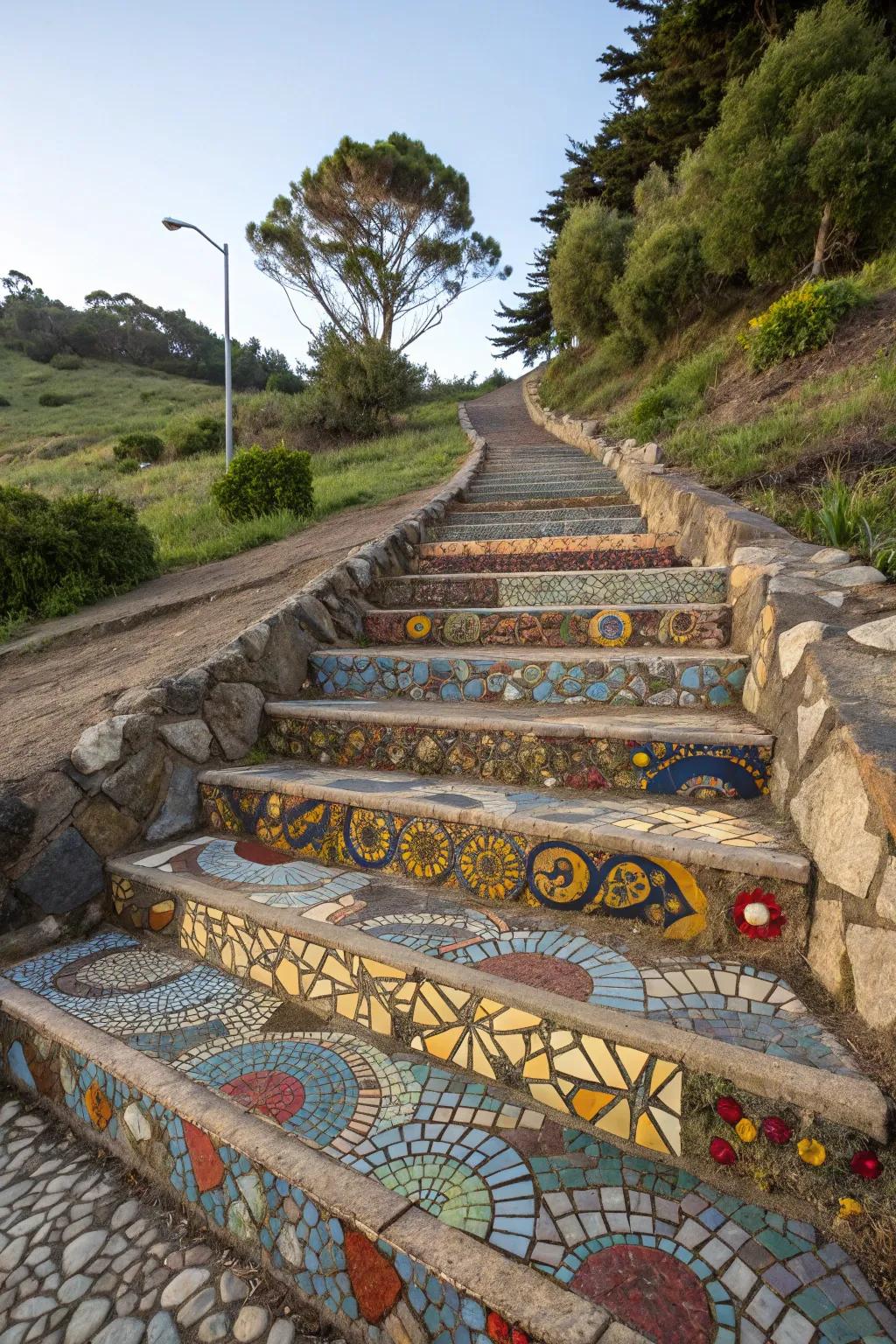 Tile treads bring vibrant artistry to garden inclines.