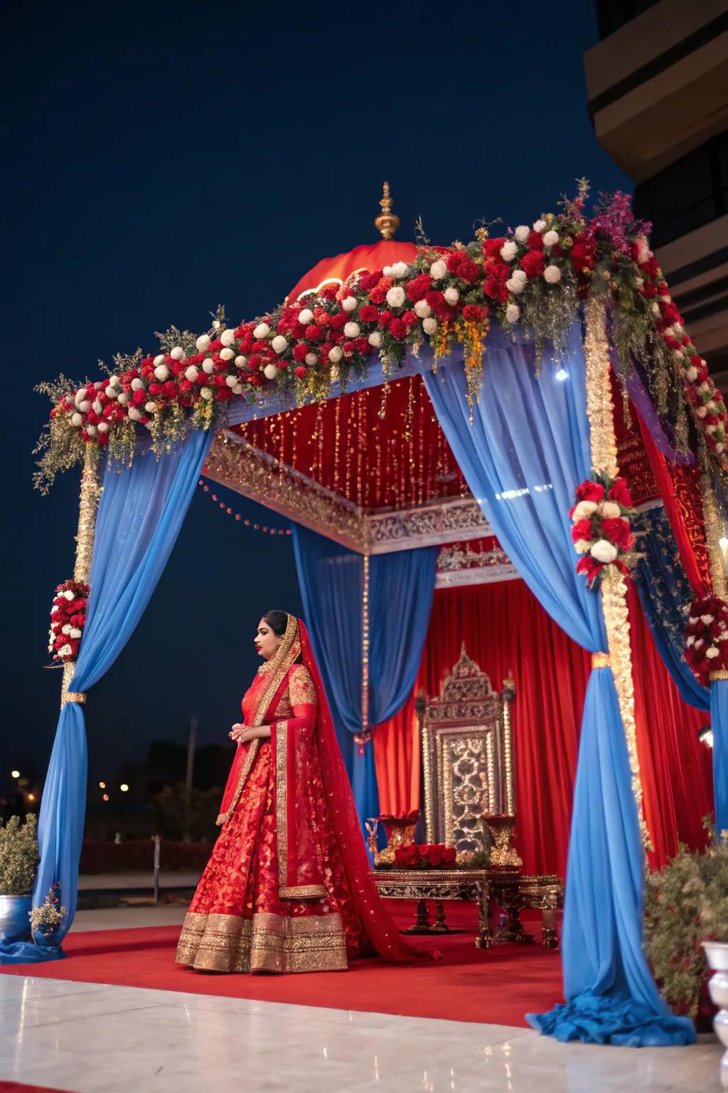 A mandap displaying vibrant color themes for an arresting visual impact.