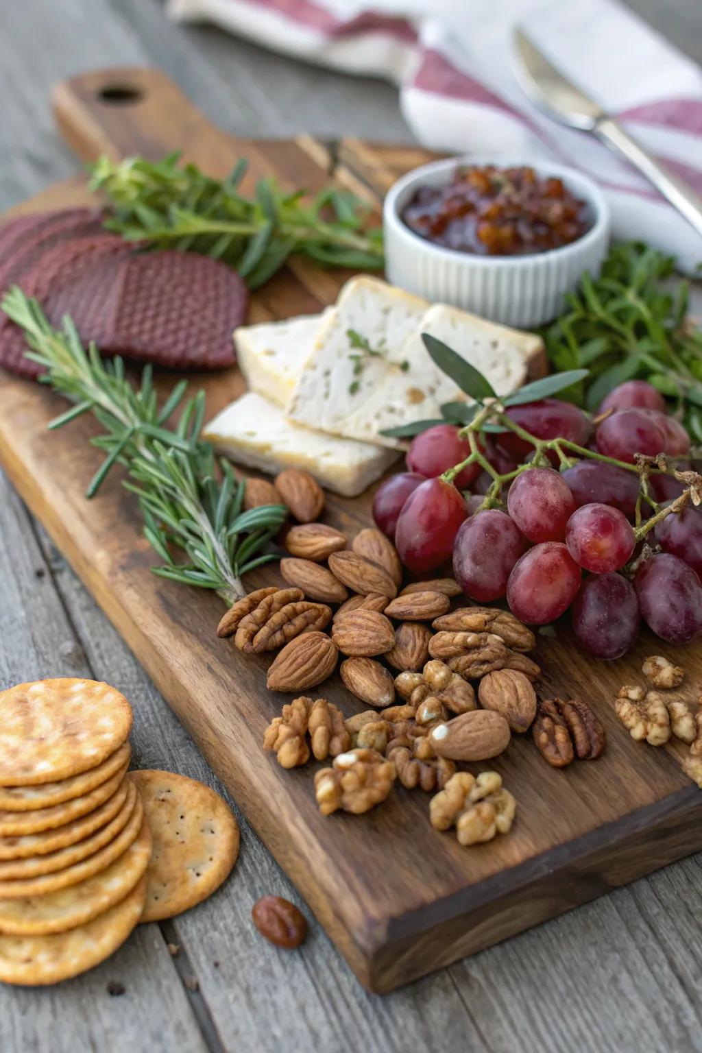A rustic charcuterie board with natural charm.