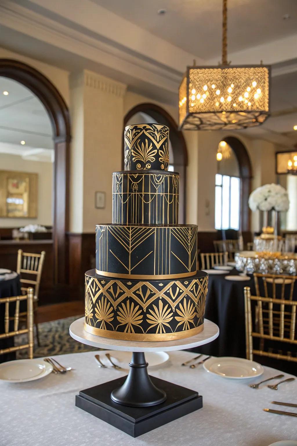Art Deco aspects lend this cake a sophisticated vintage allure.