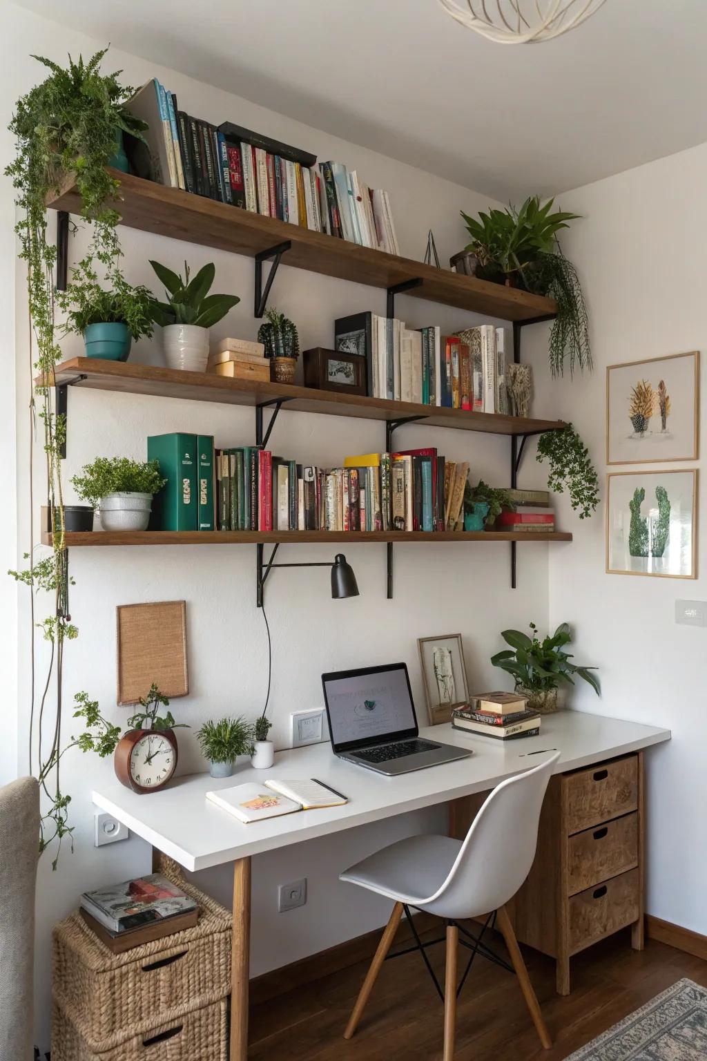 Vertical storage solutions designed to optimize home office space.