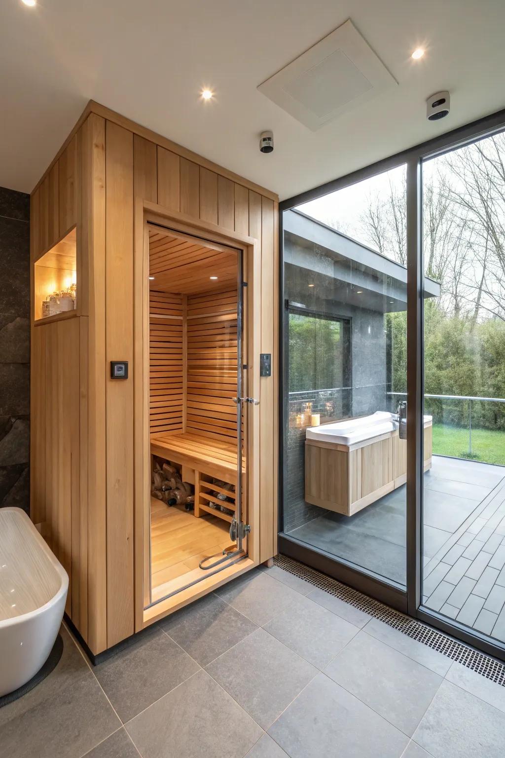 A sauna flawlessly integrated with a modern restroom for added comfort.