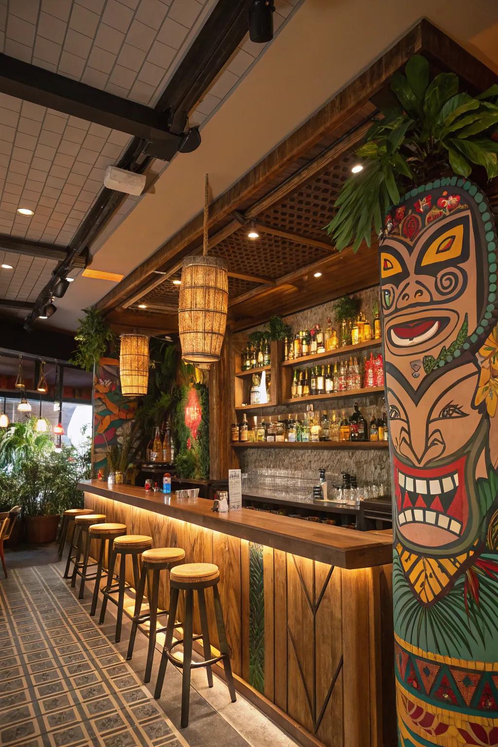Tribal masks and decorations add cultural style to your bar.