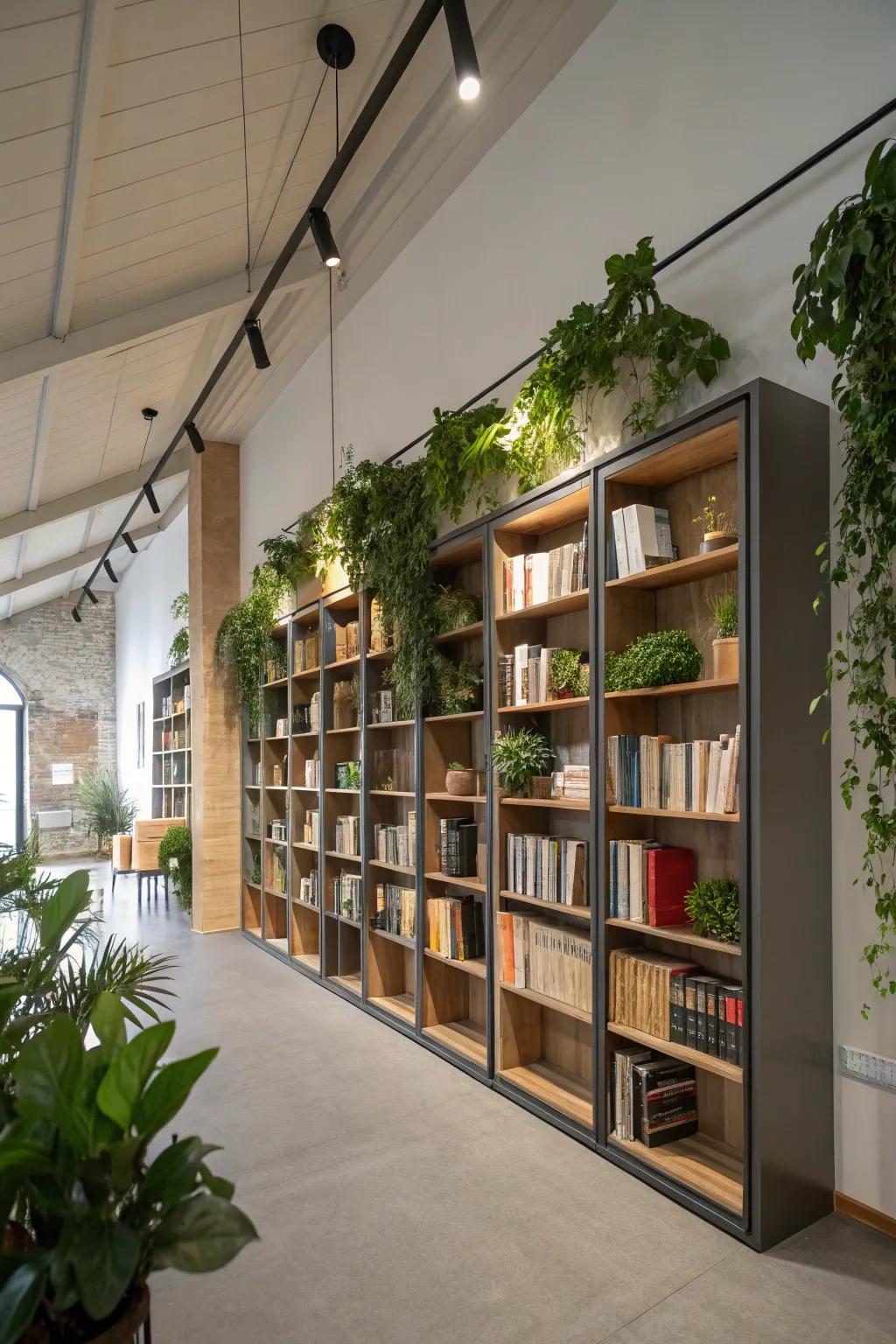 A room that optimizes vertical space with towering storage and suspended plants.
