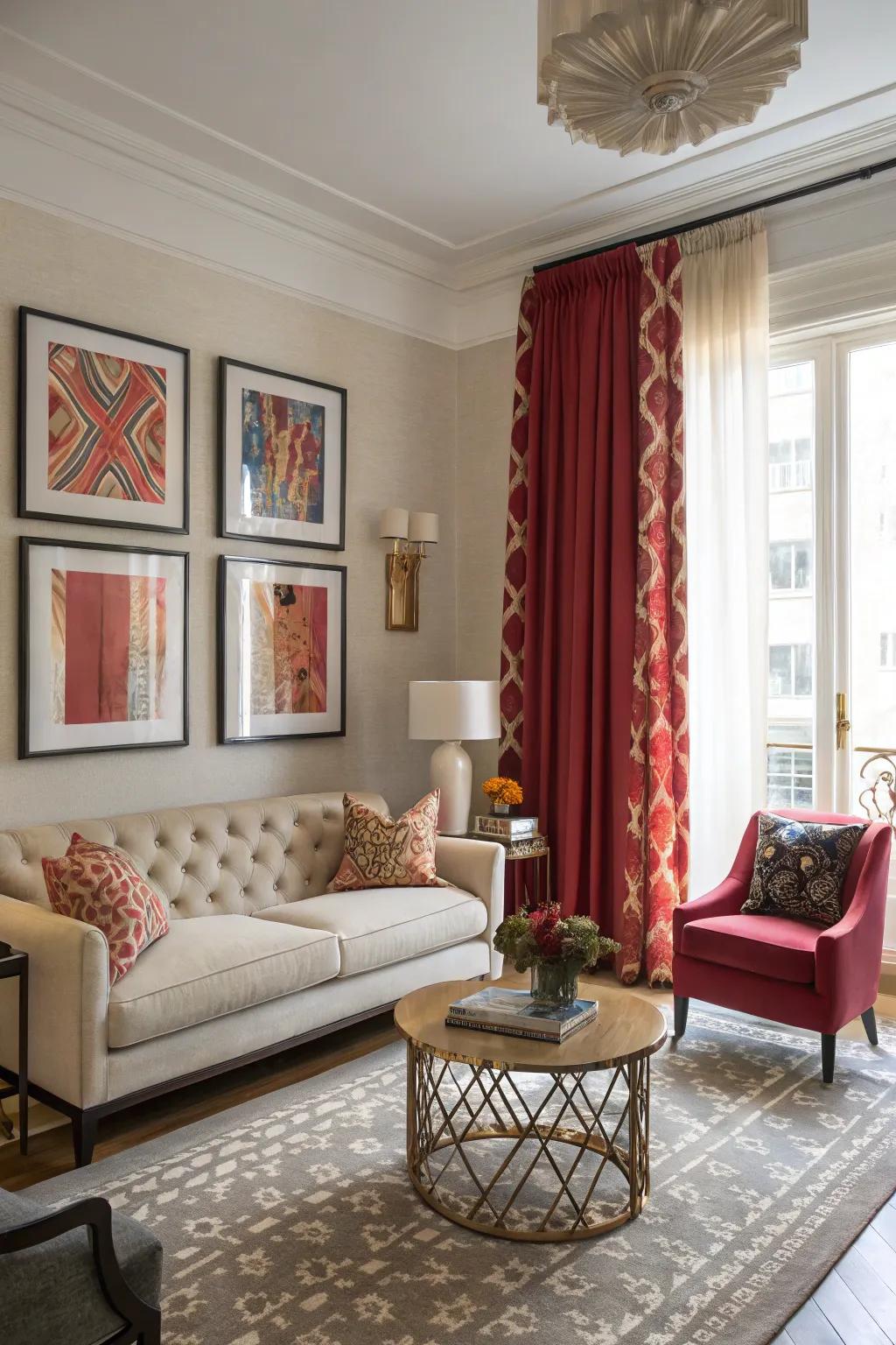 Contrasting drapes can generate a striking statement in your family room.