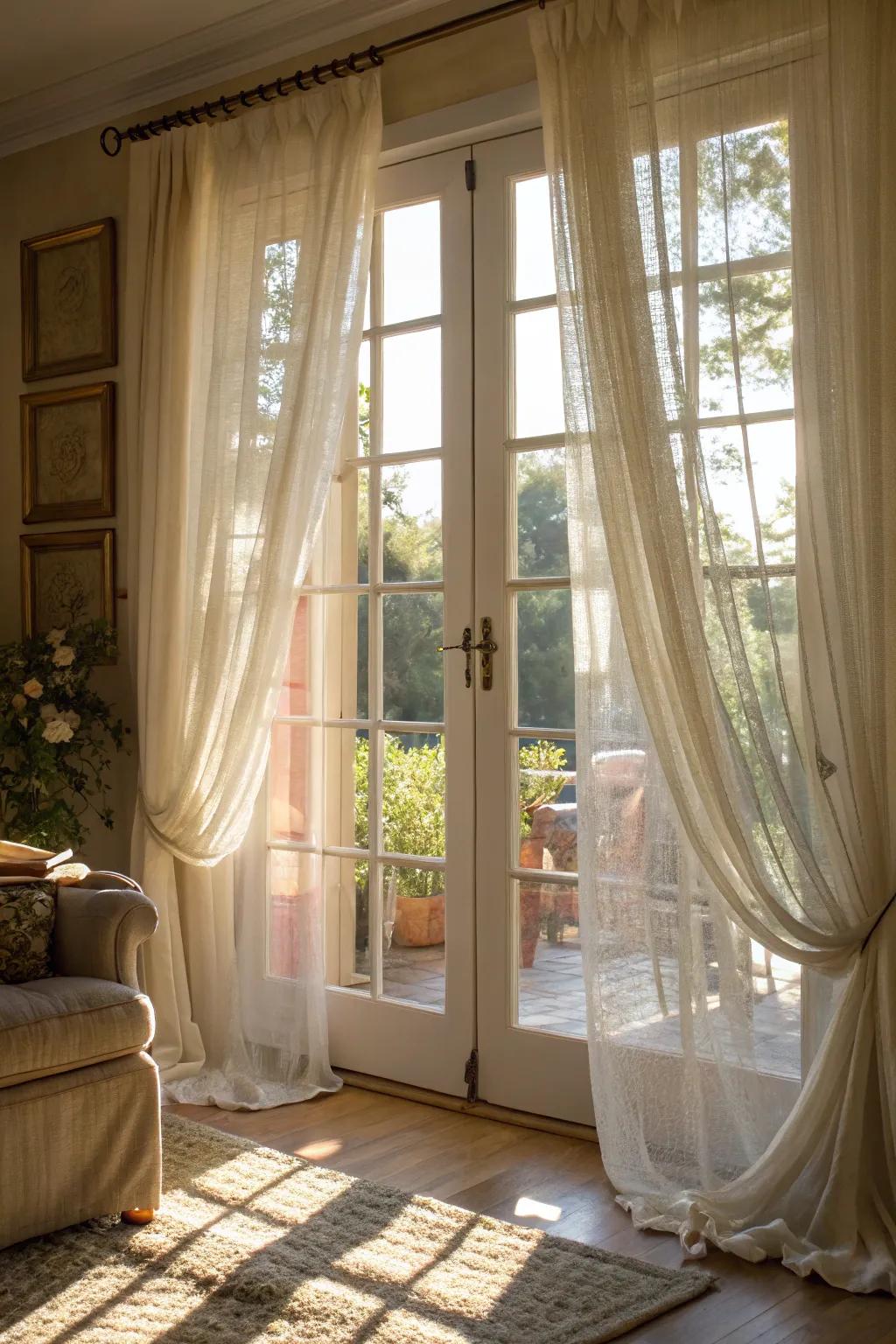 Sheers present a gentle, light-diffusing choice for French doors.