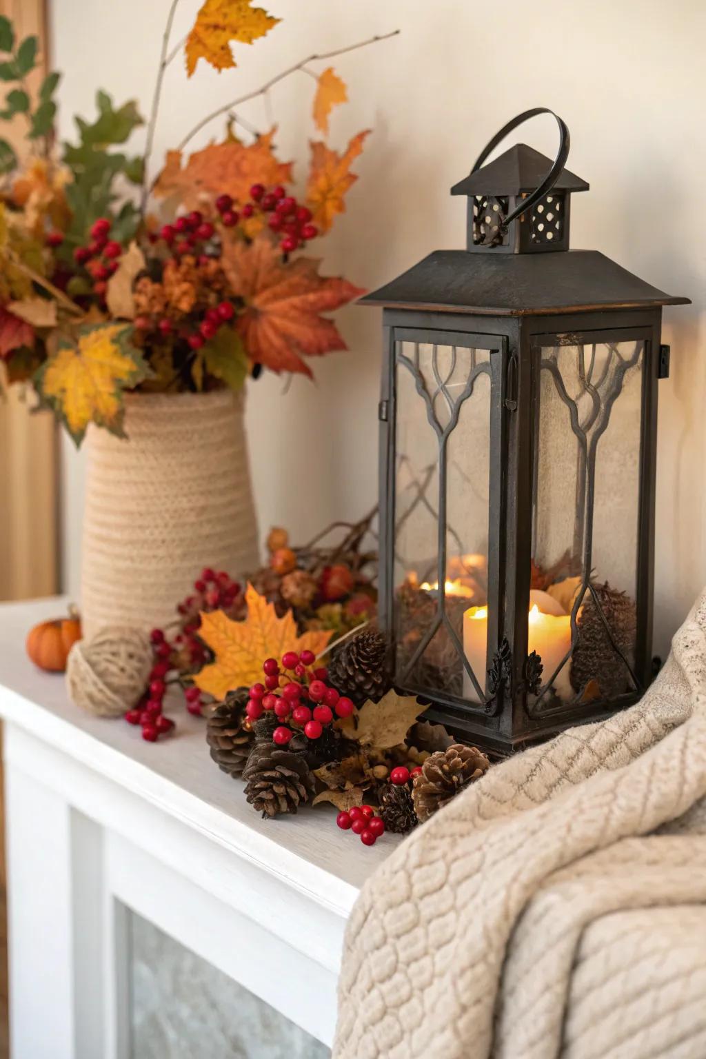 A welcoming autumn lantern design showcasing leaves and berries.