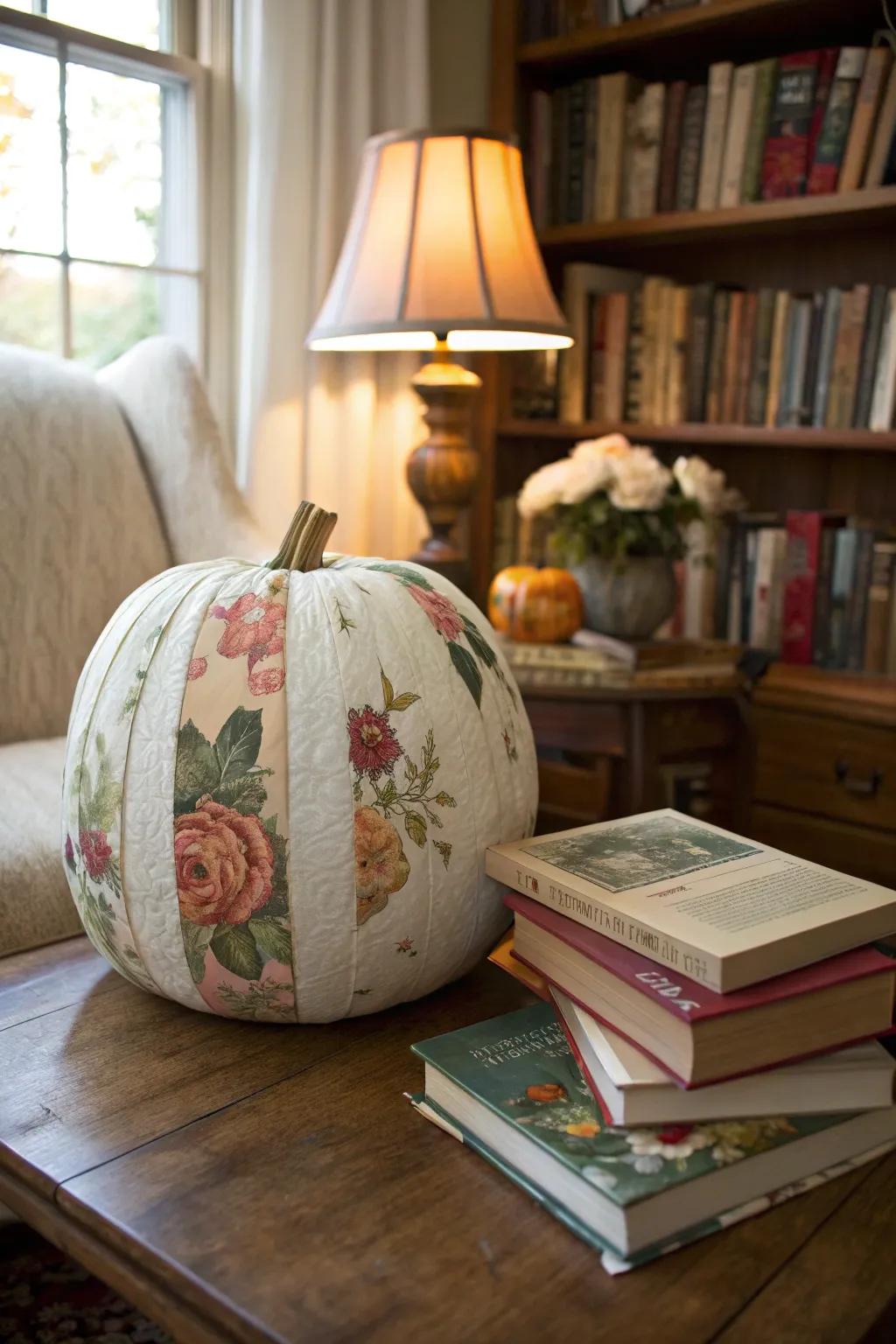 A decoupage pumpkin, infusing any space with an artistic sensibility.