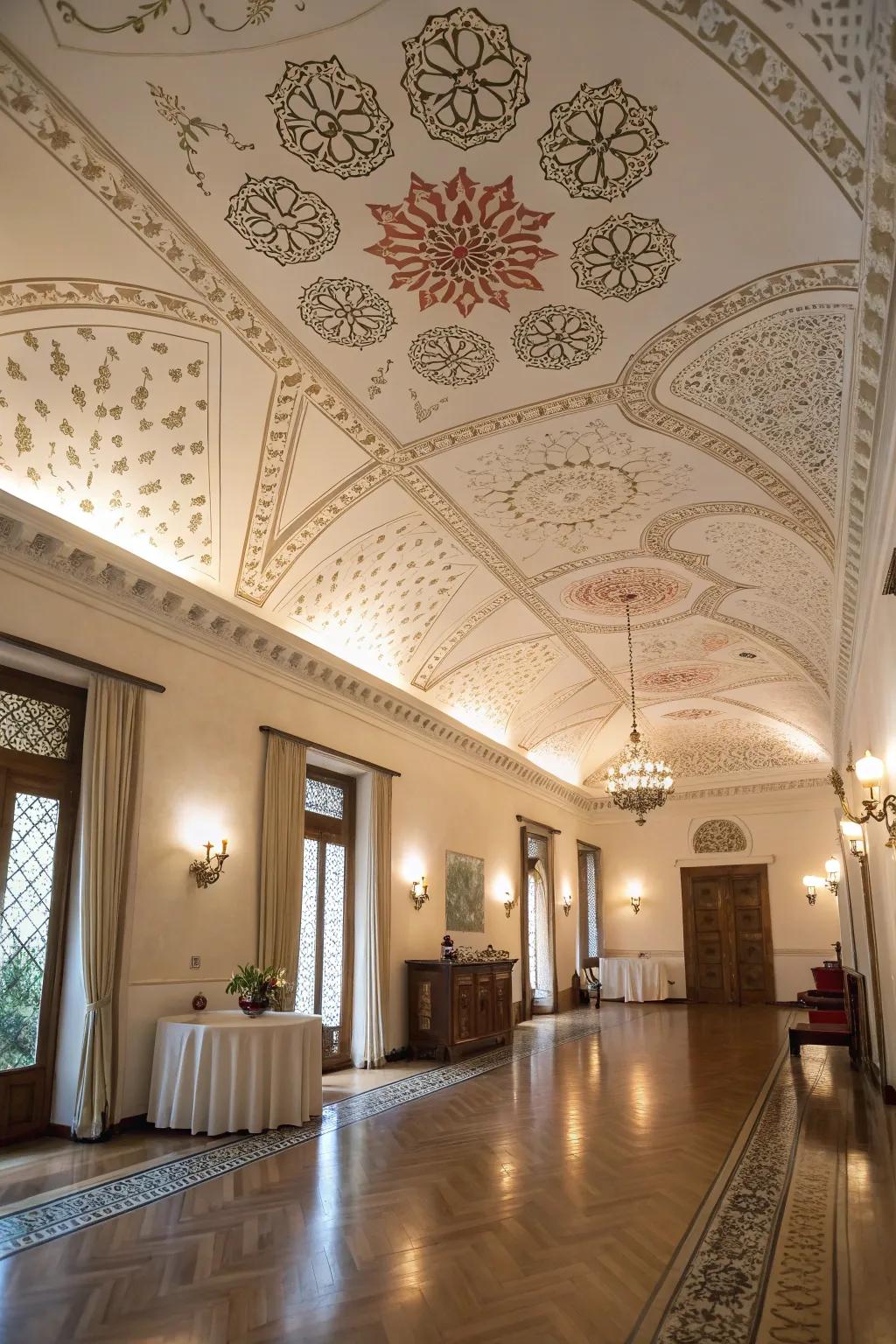 An elegant room showcasing elaborately patterned designs on the roof.