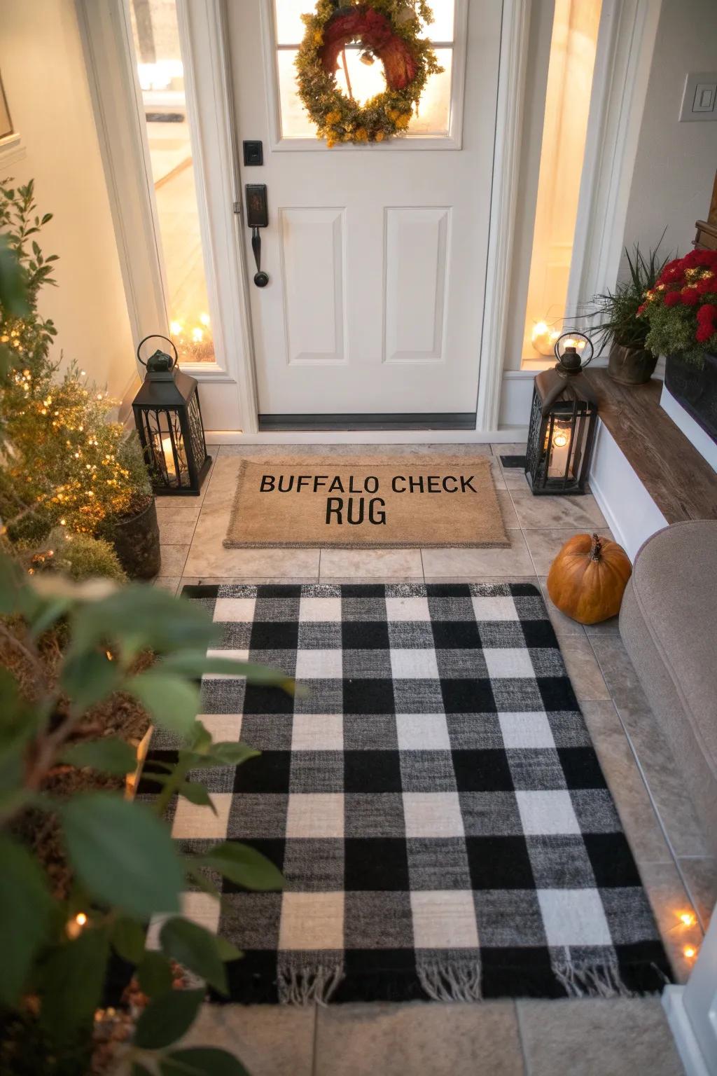 An elegant arrival area featuring layered rugs, styled for autumn.