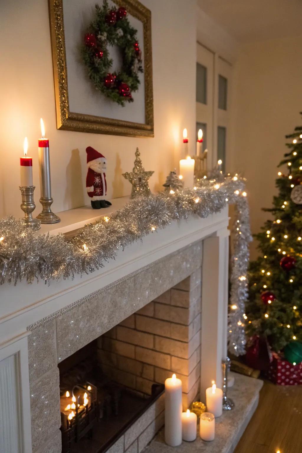 A hearth mantelpiece embellished with shimmer strands and celebratory accents.