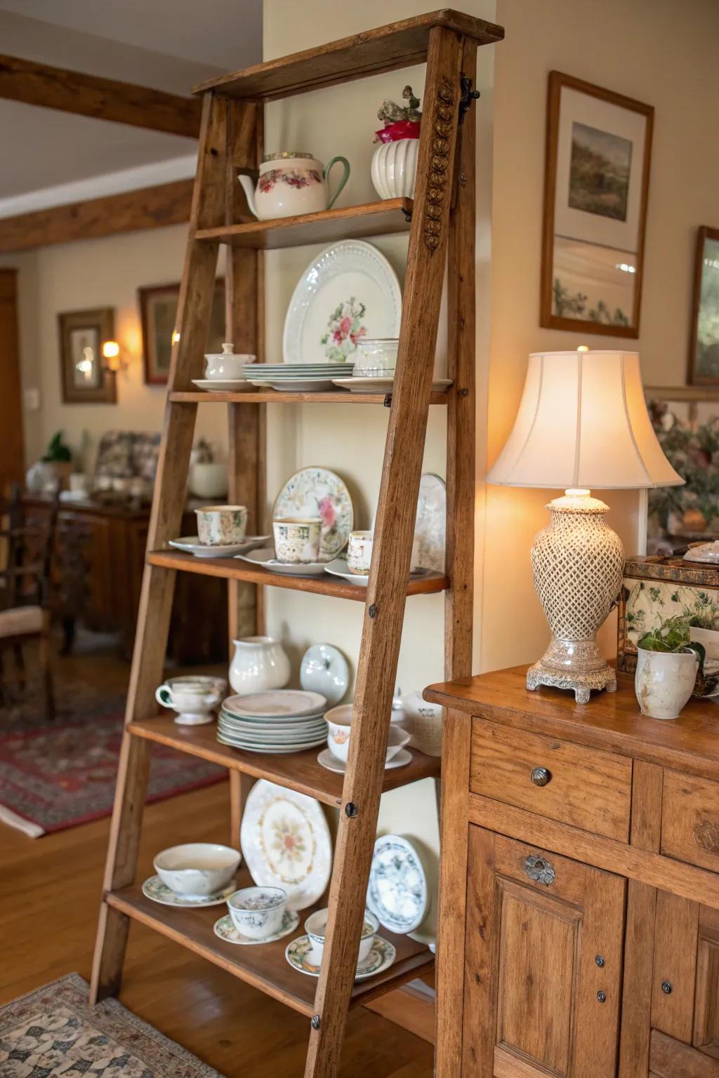 A farmhouse inclined surface exhibiting a charming collection of china.