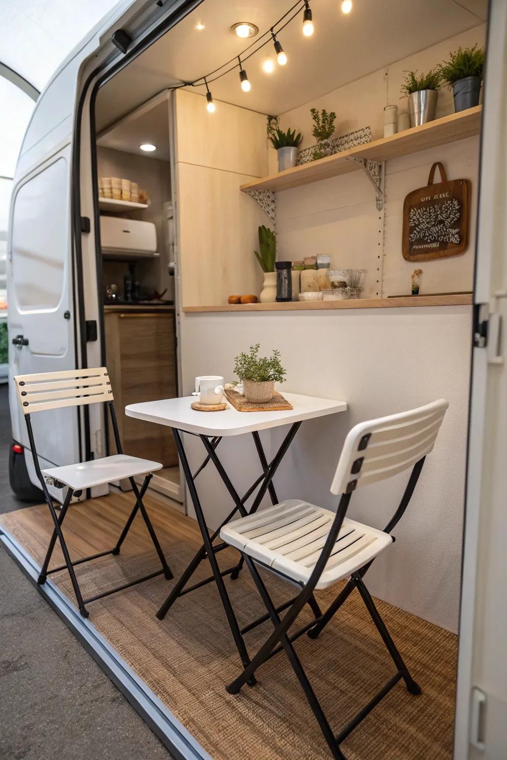 A dining area that maximizes space with collapsible furniture.