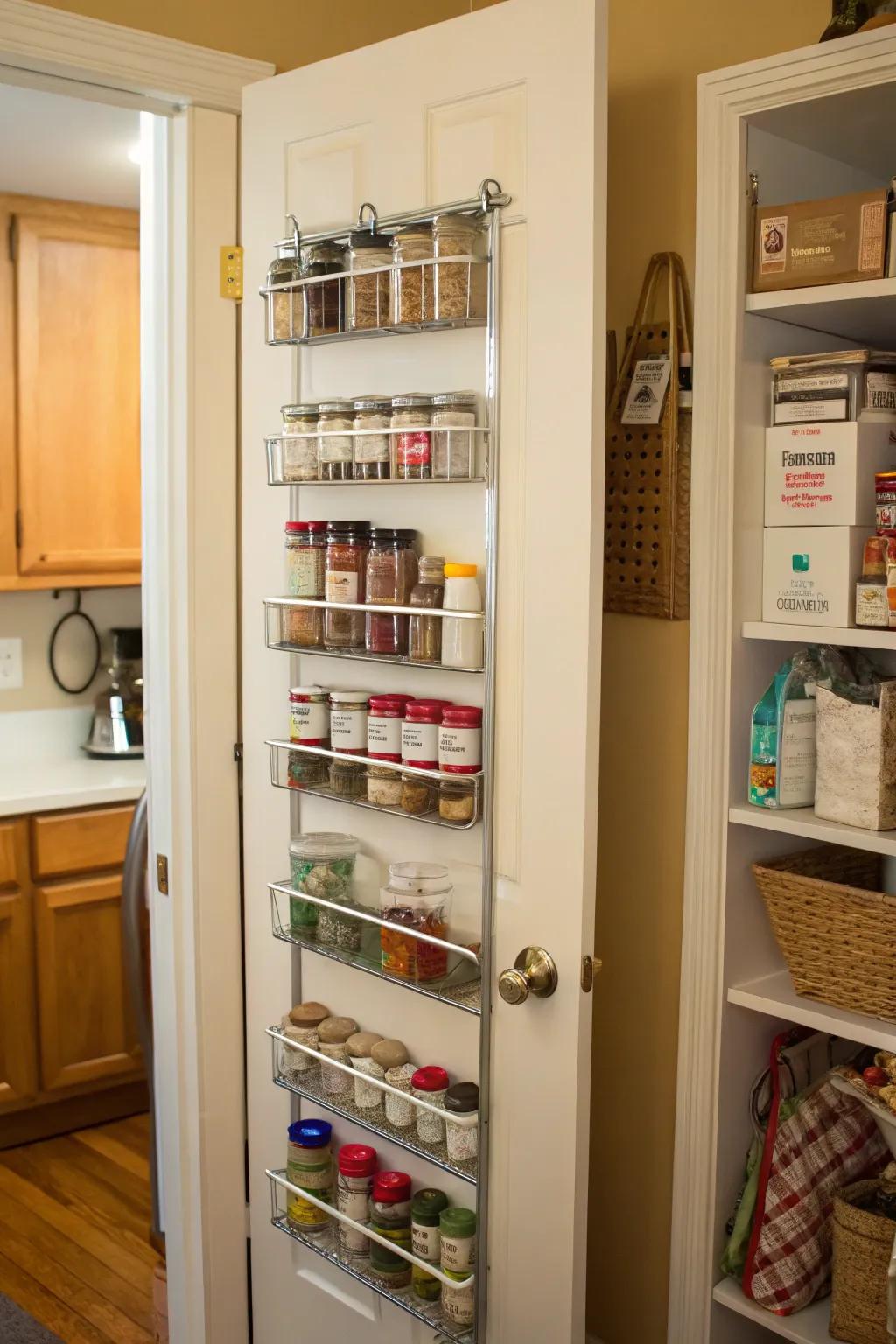 Over-the-door racks provide additional storage for spices.
