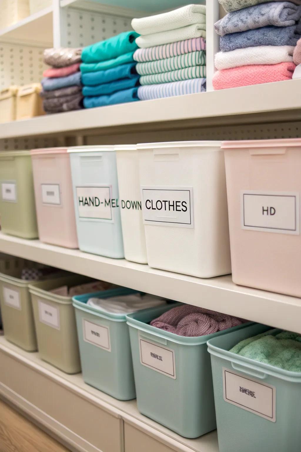 Organized storage of clothes for future hand-me-downs.