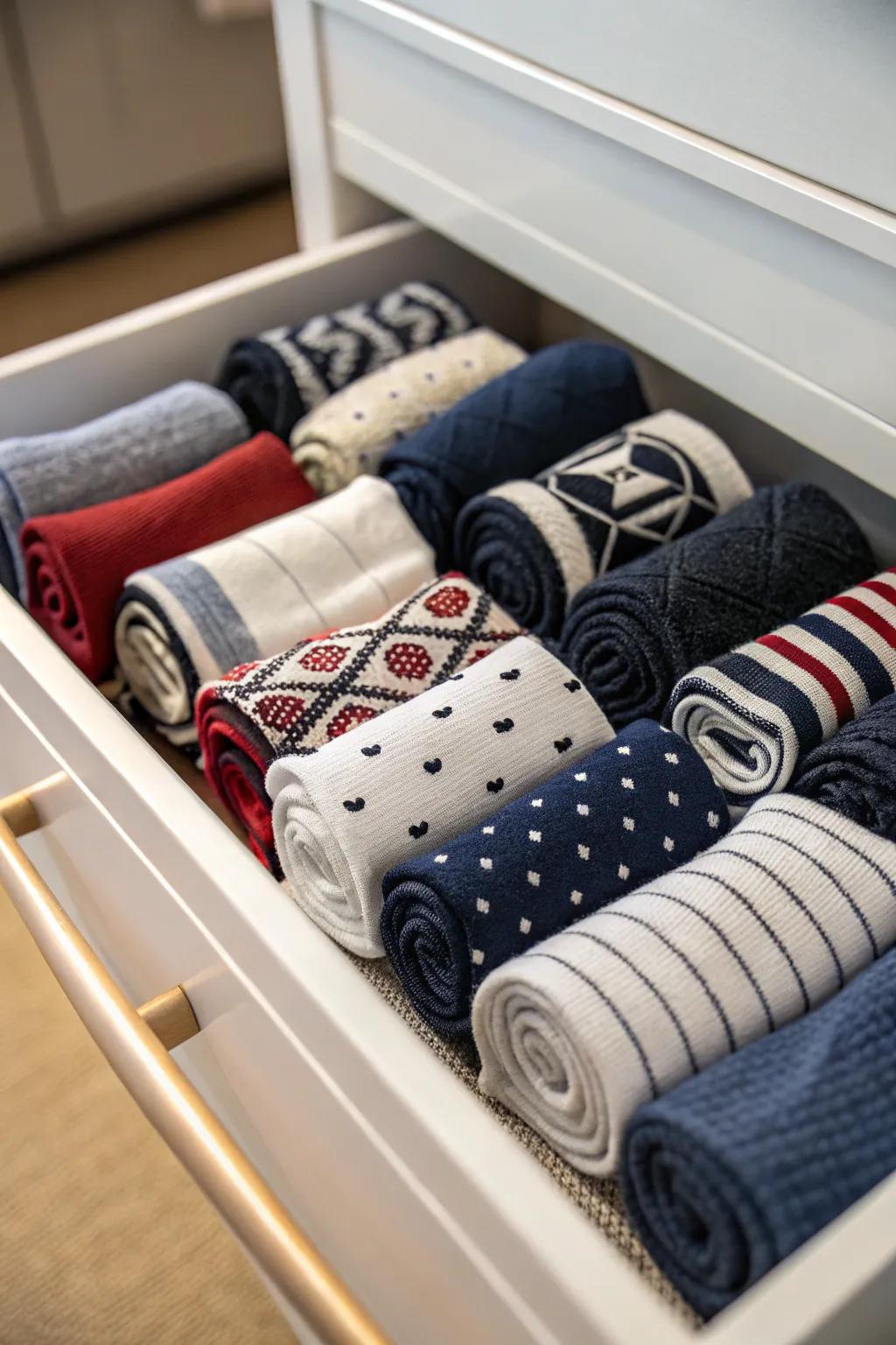Rolling socks ensures they stay neat and observable.