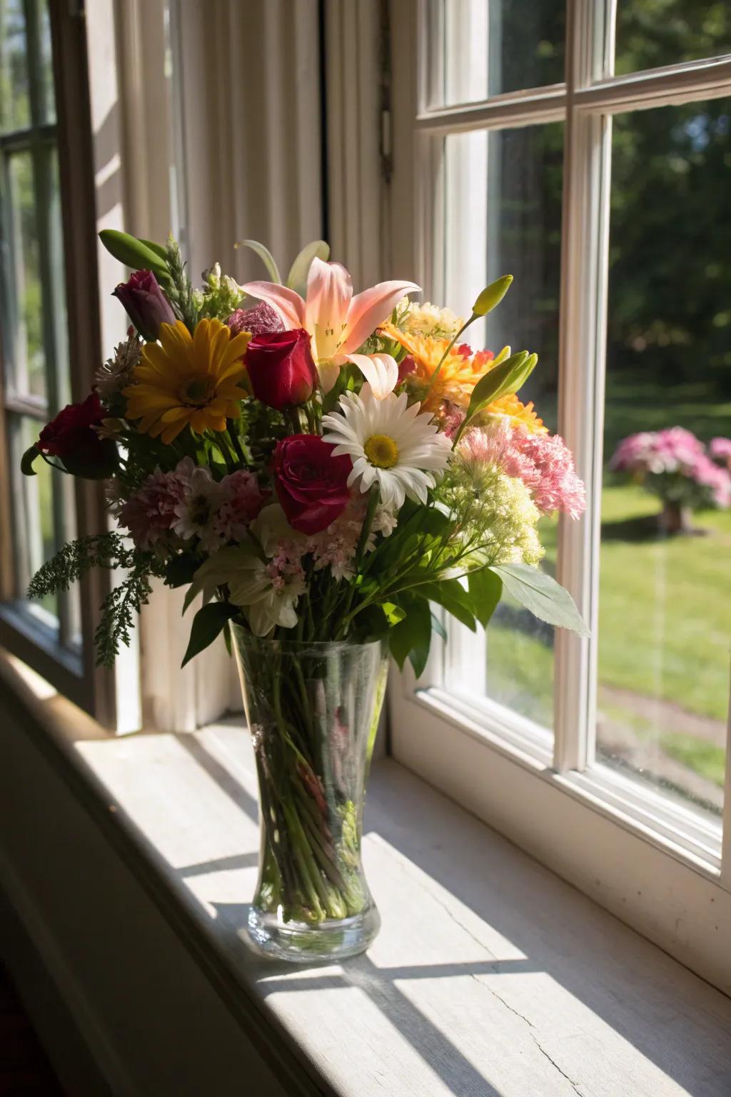 A widened vessel crafting a dynamic floral presentation.