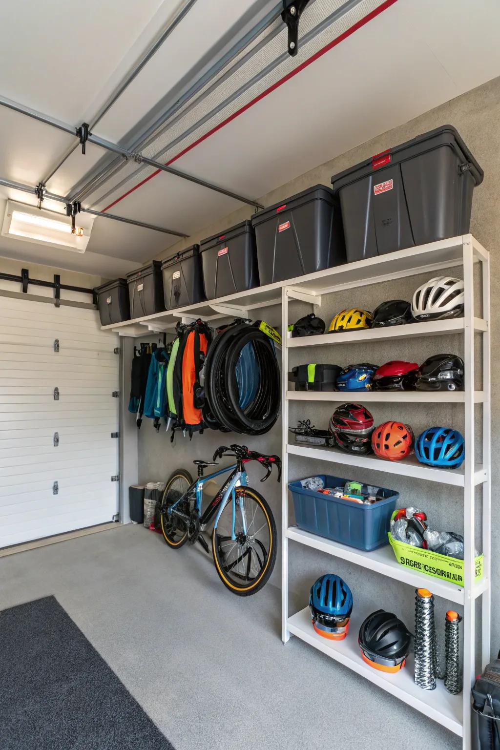 Shelves with bike hooks offer integrated storage for bikes and gear.