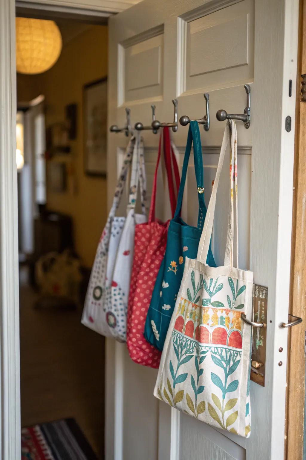 Doorway hooks make vertical space valuable for tote storage.