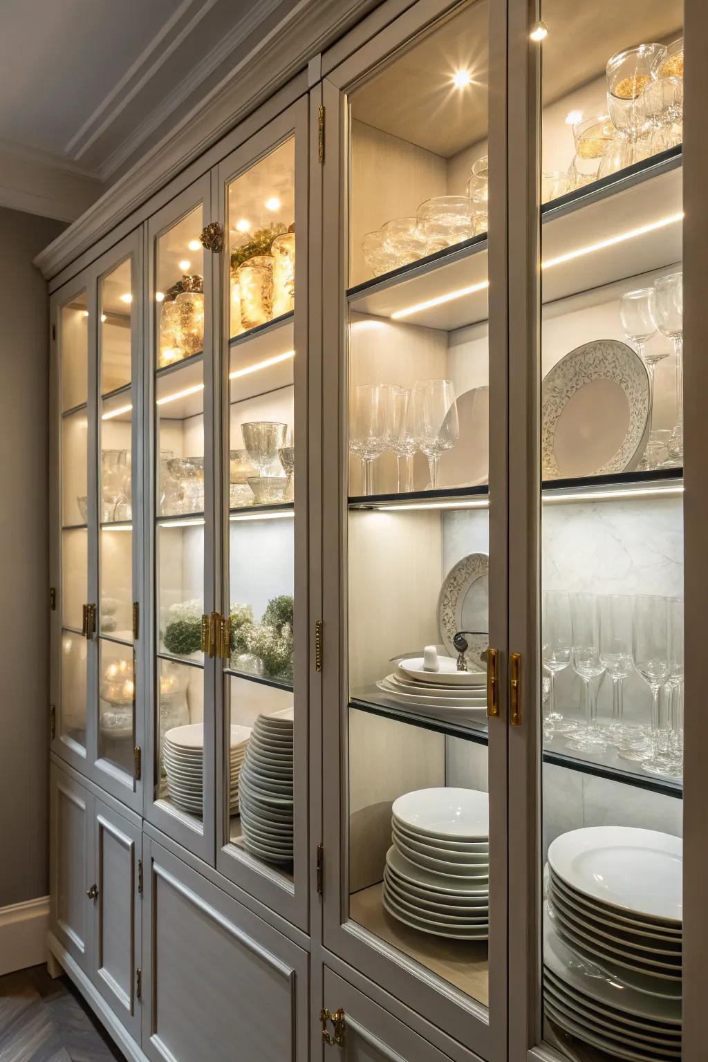 Gentle lighting enhancing the allure of the glass cabinet's contents.