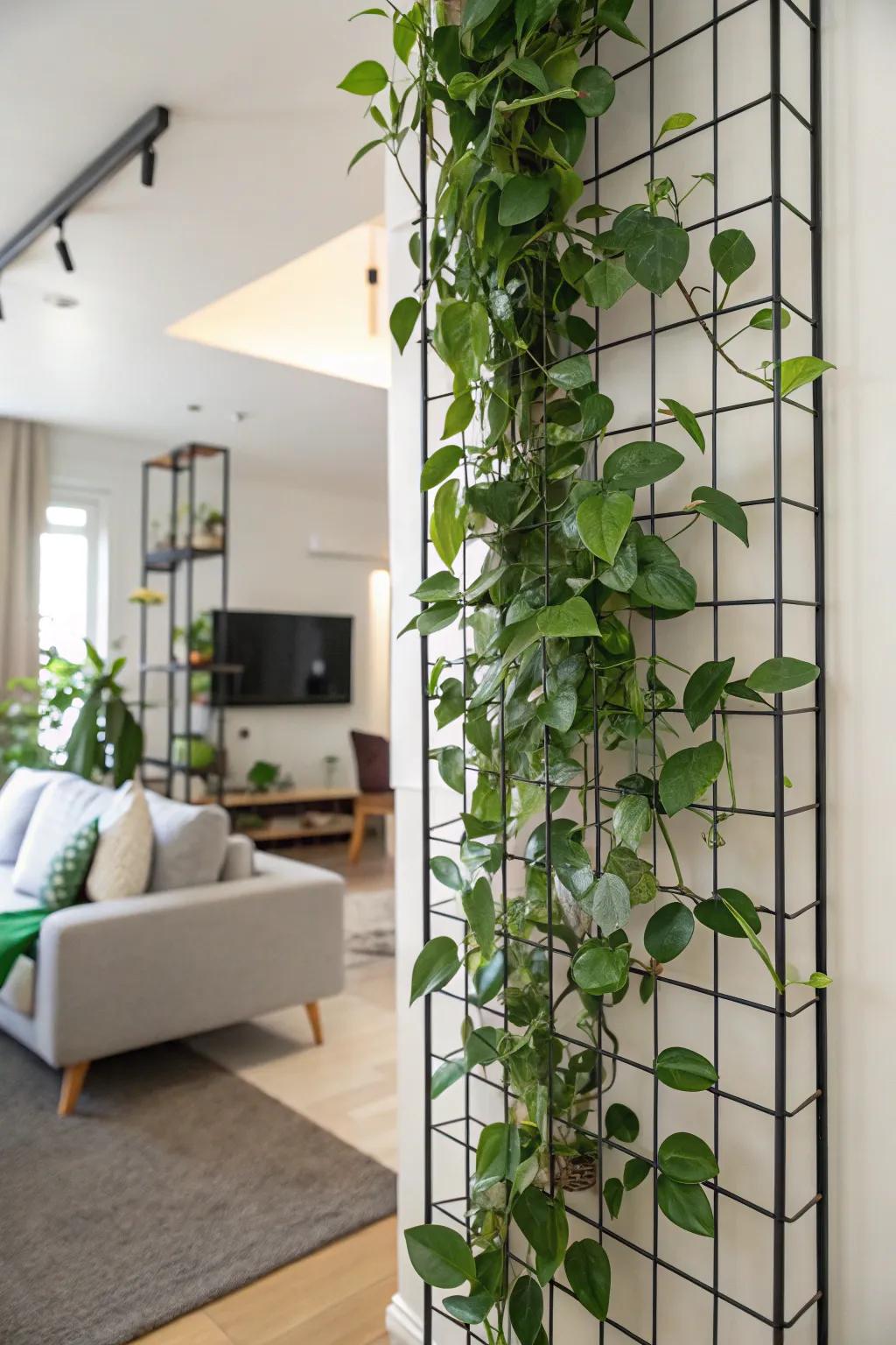 A compact living area featuring a Hoya on an upright garden grid.