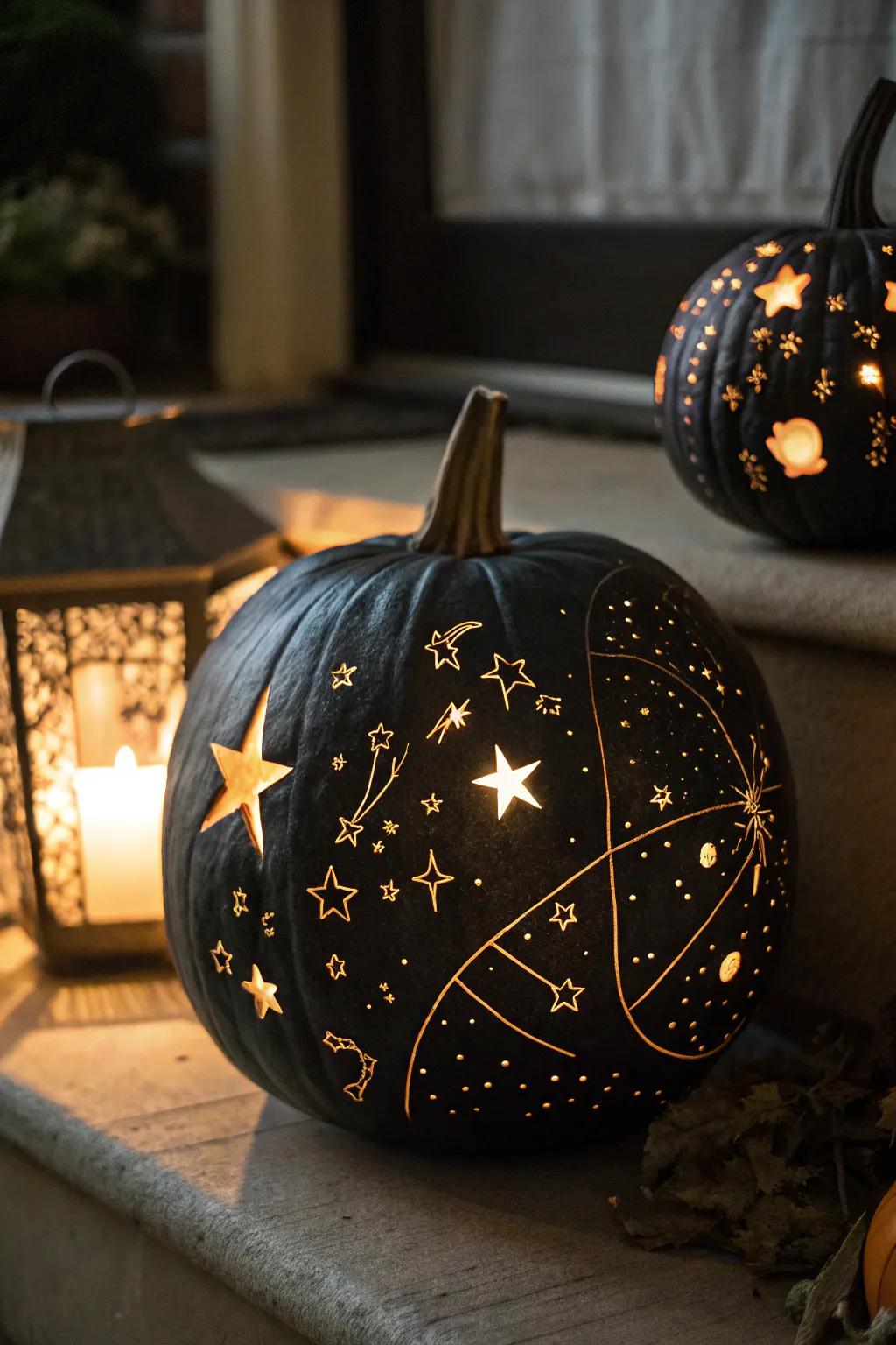 A star grouping-etched pumpkin that illuminates via a celestial appeal.