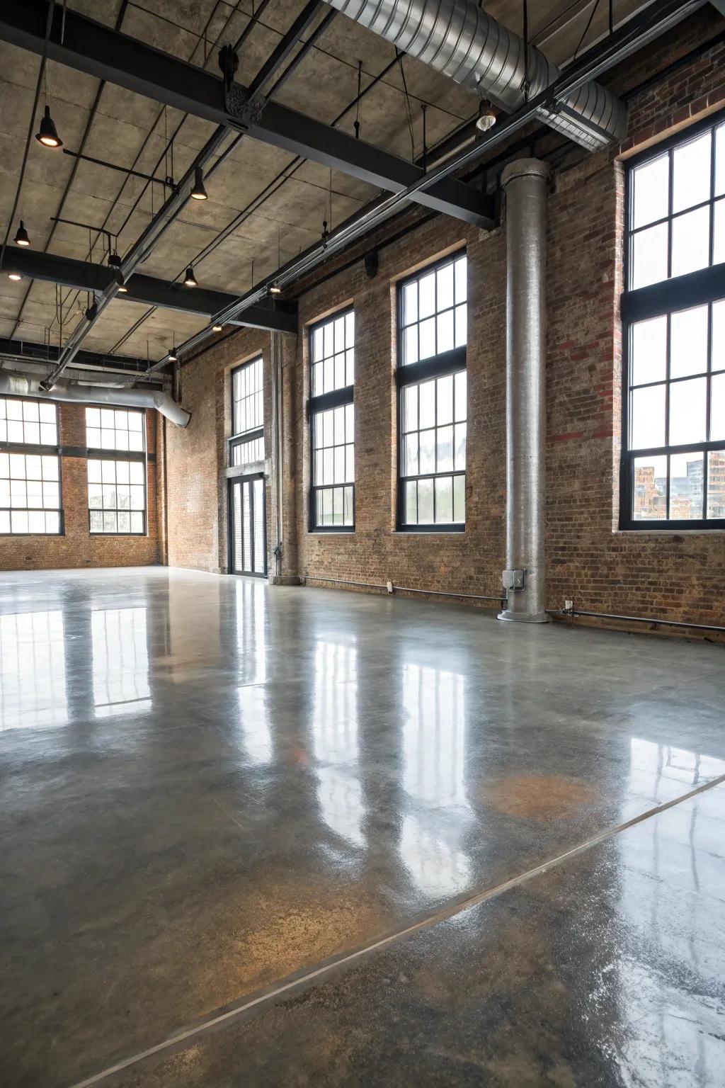 A shimmering glaze atop a resin floor bestows this loft expanse a modern industrial fringe.