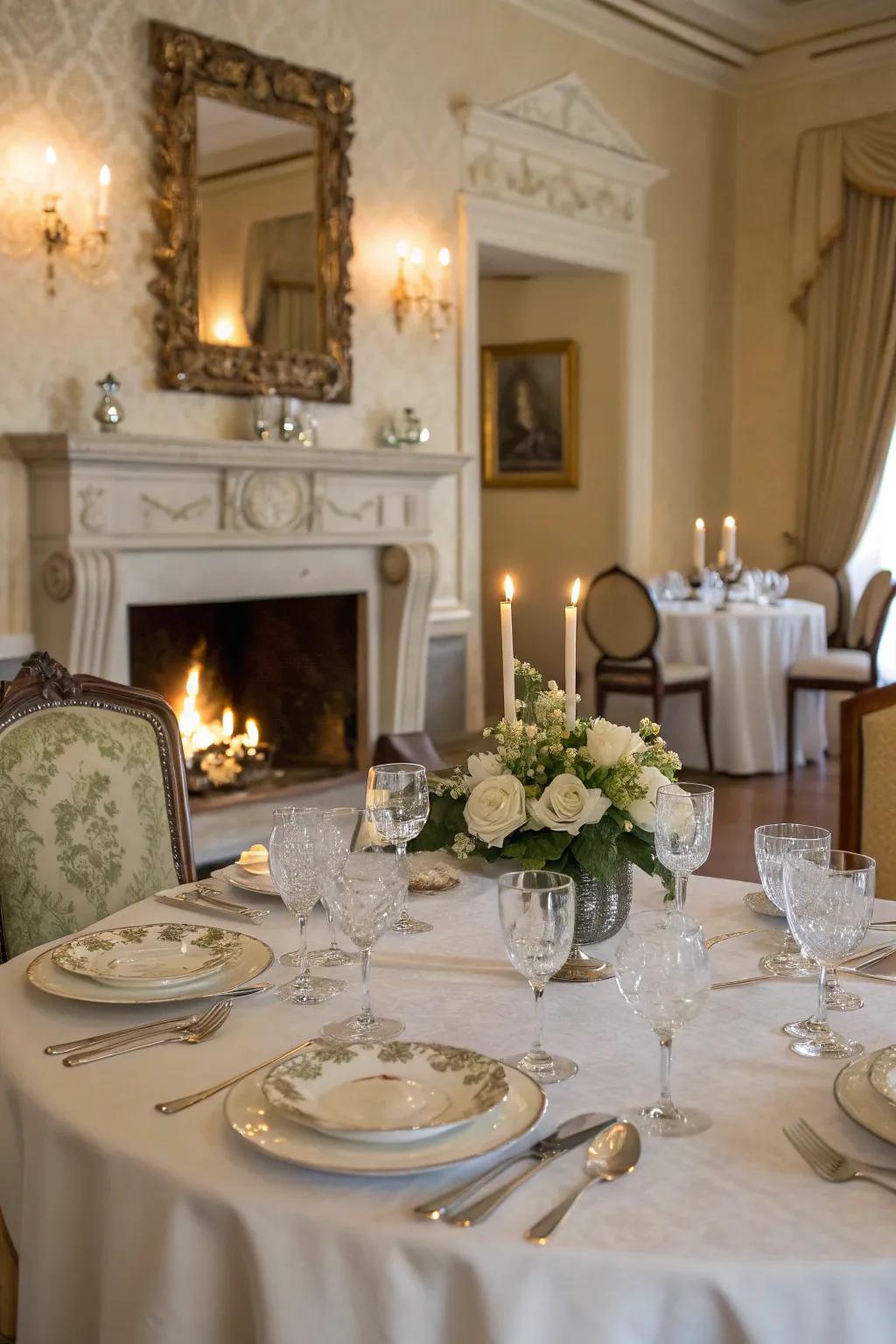 An opulent dining area featuring a fireplace, cultivating a cozy ambiance for meal times.