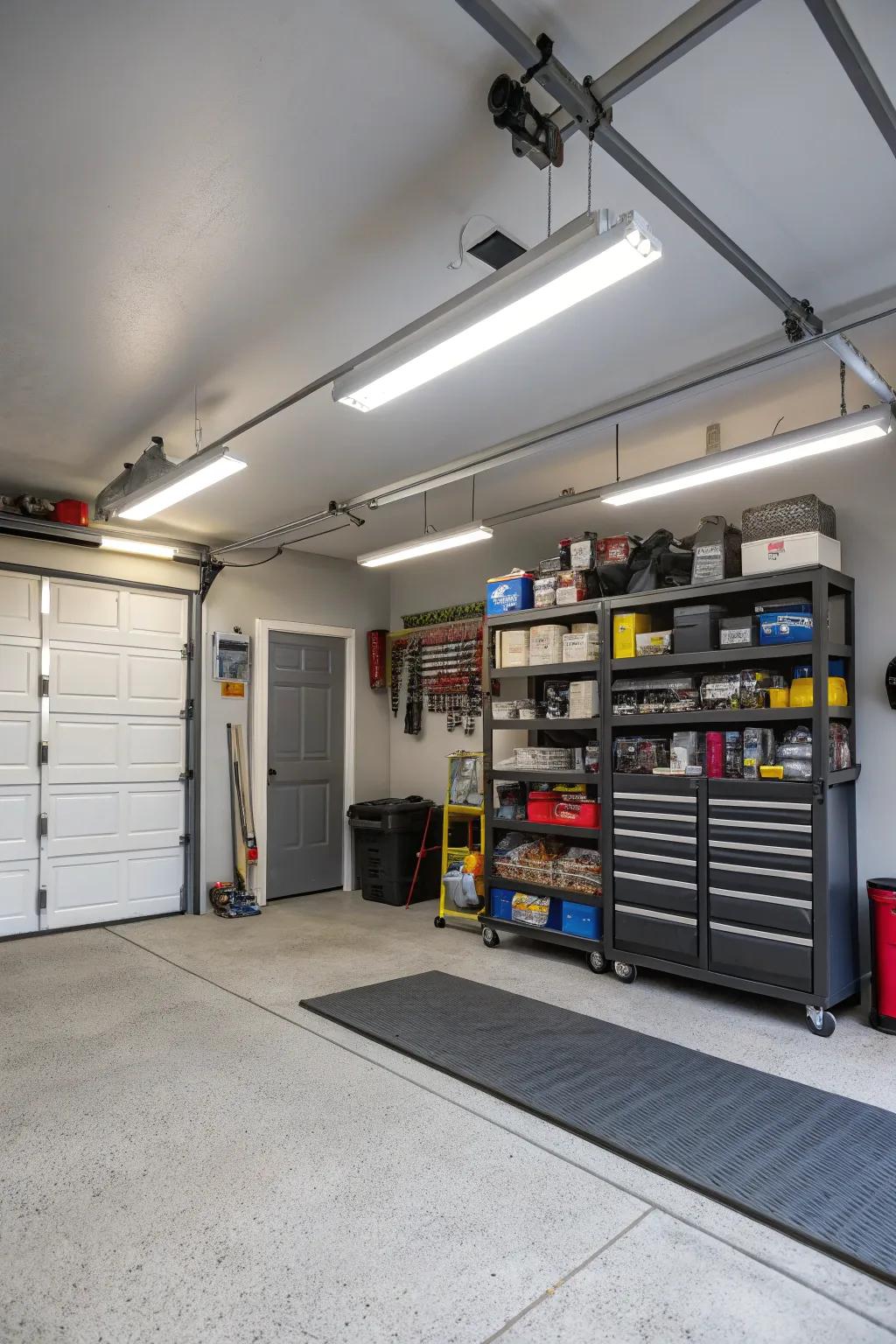 Bright and functional garage enhanced with industrial LED lighting