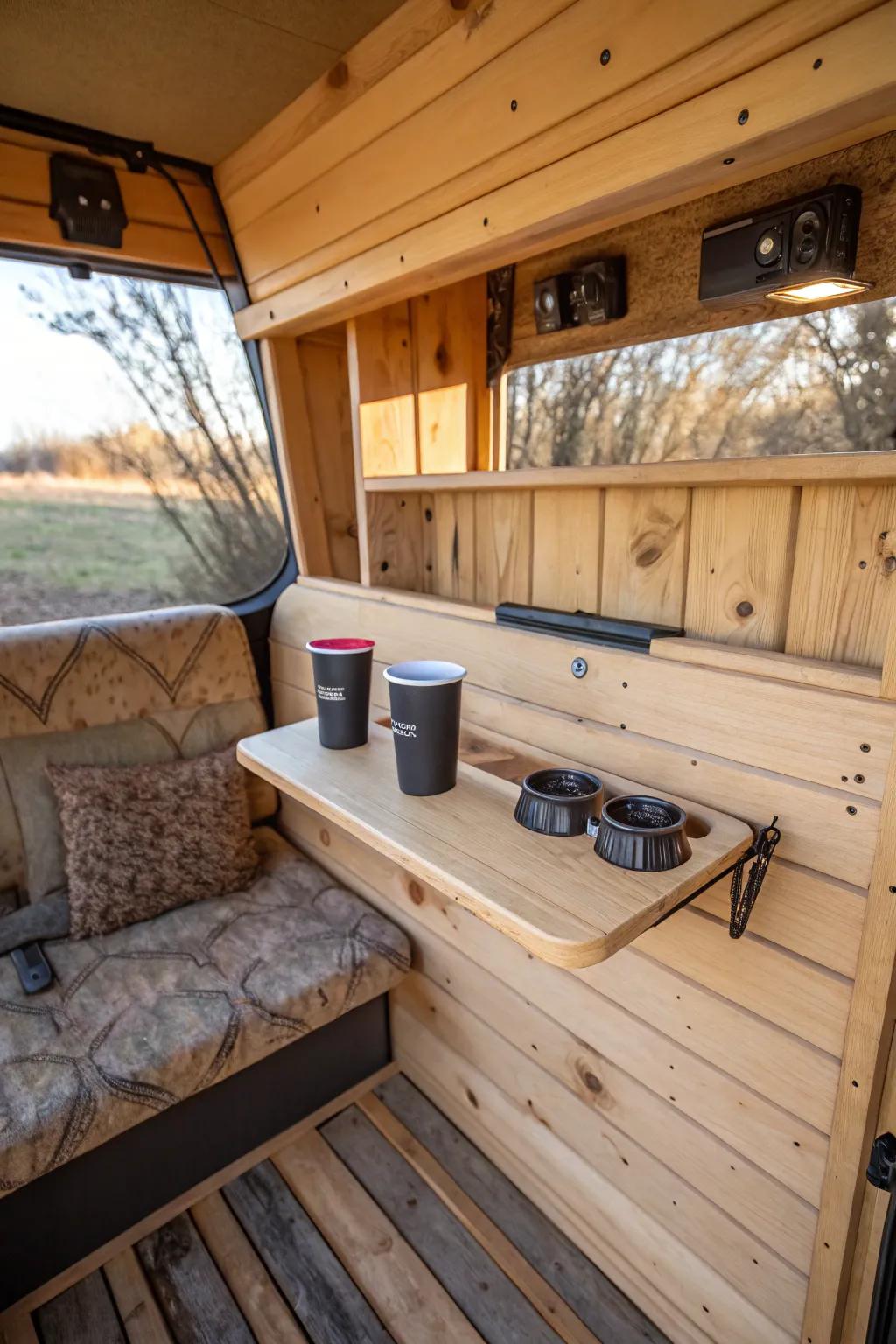 Cup holders provide convenience and prevent spills.