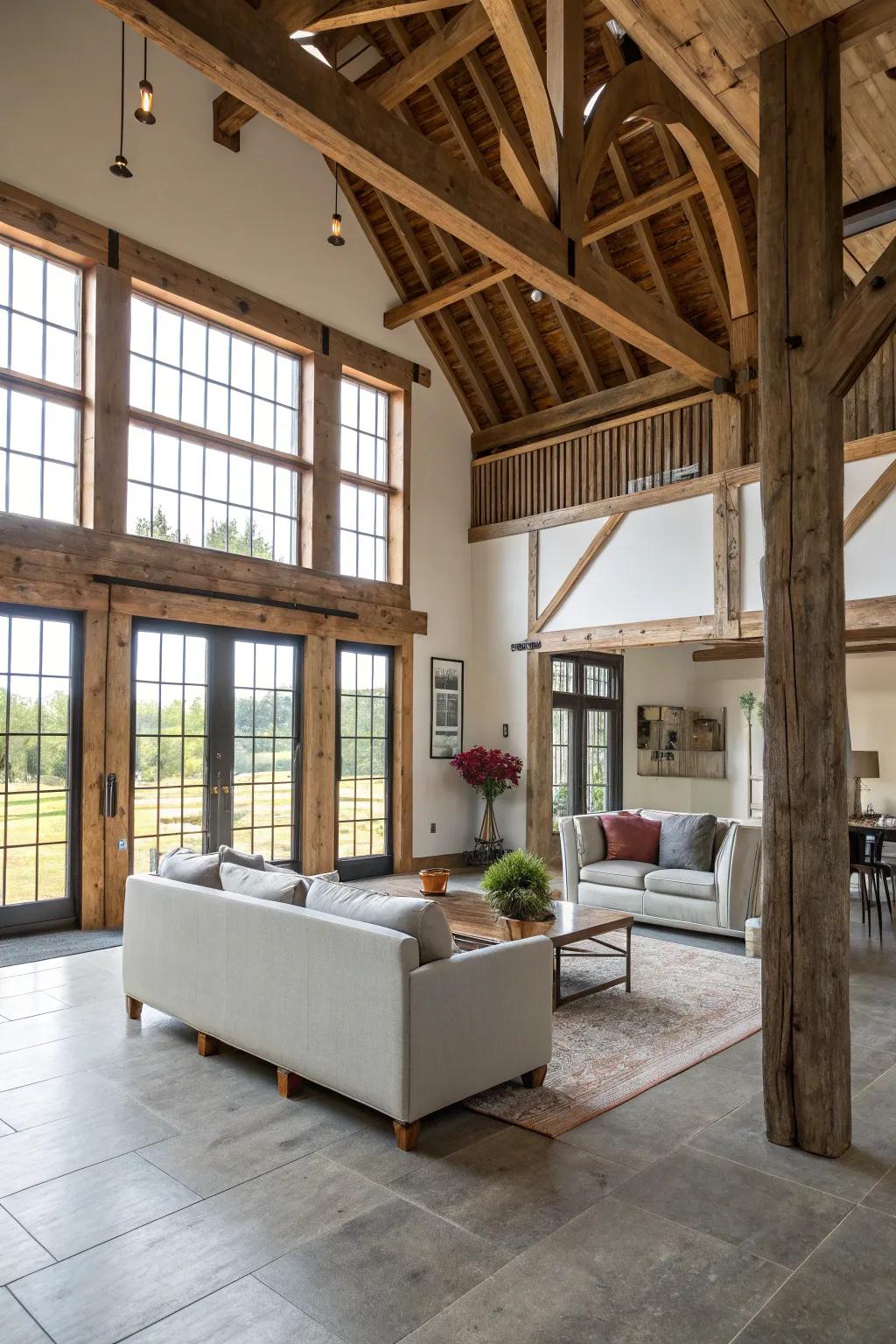 A merging of styles establishes a distinctive and appealing barndominium interior.