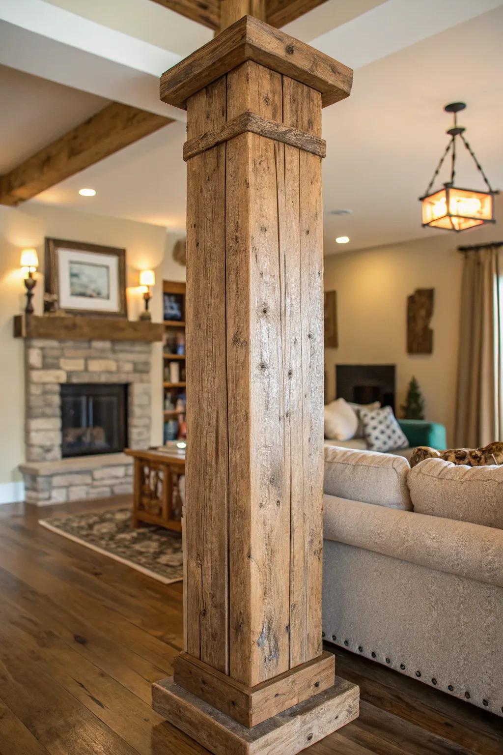Reclaimed wood columns add rustic charm.