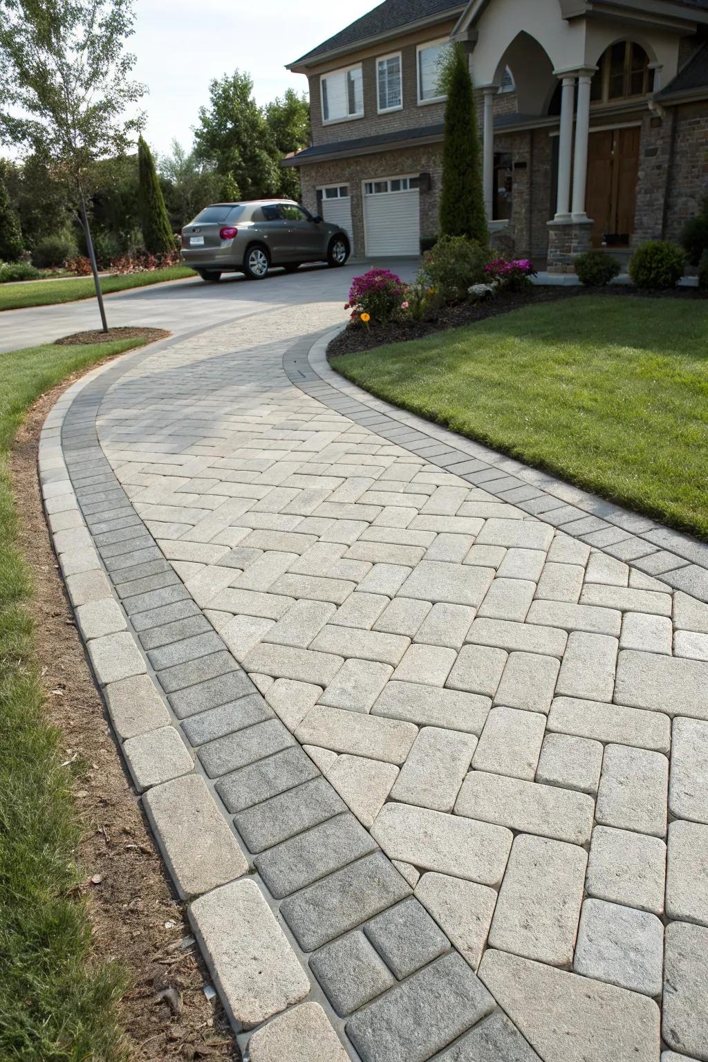A unified design with fitted stones flowing from entrance to driveway.