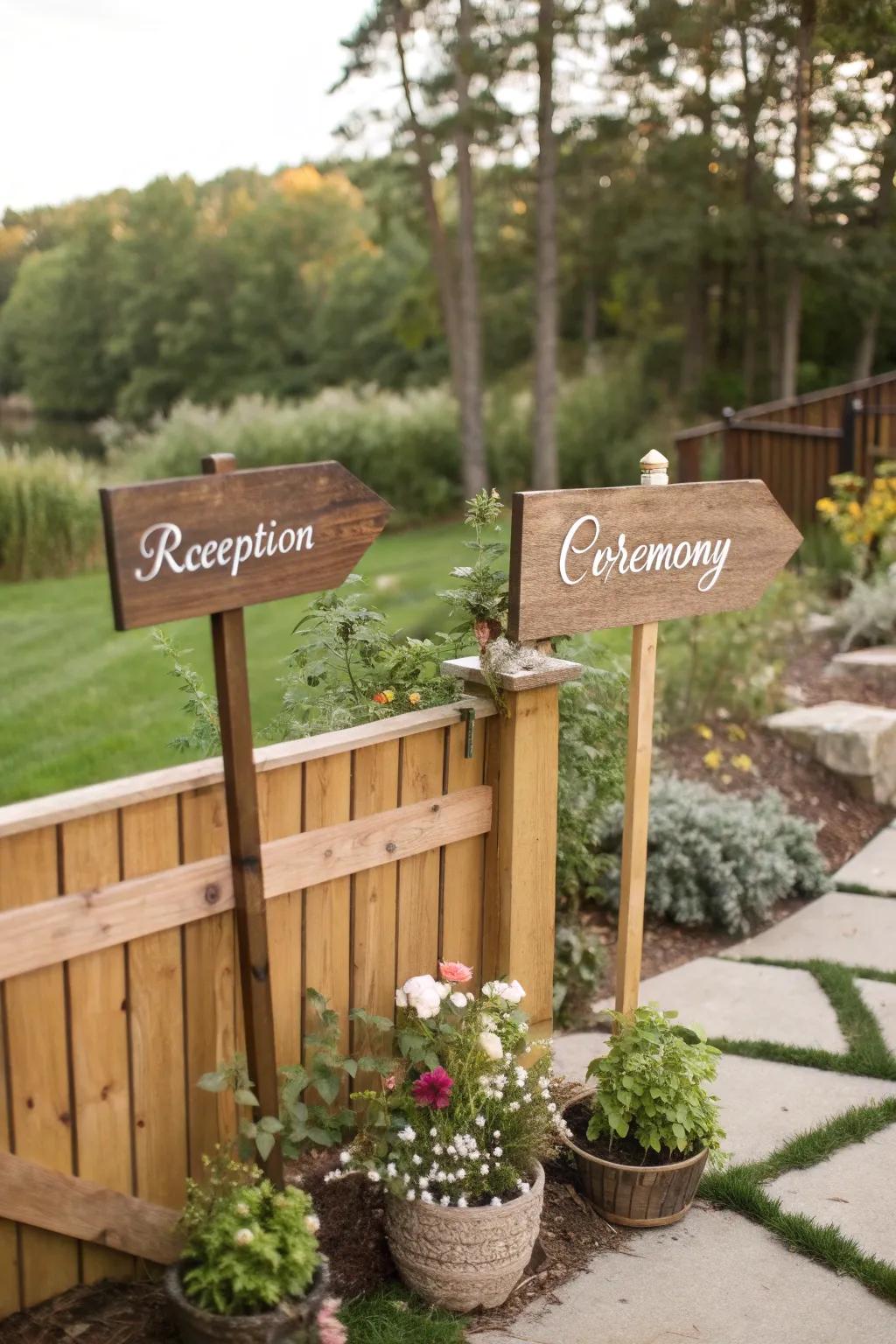 Personalized signage contributes a distinctive touch to a backyard wedding.