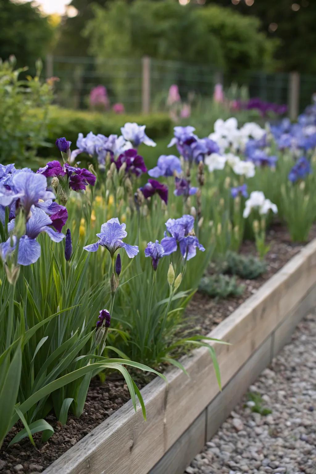Stratified planting of irises, generating depth and perspective.
