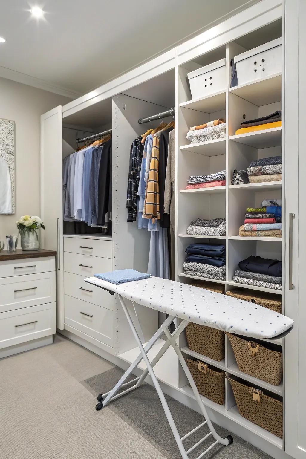 An ironing surface cleverly concealed within a closet.