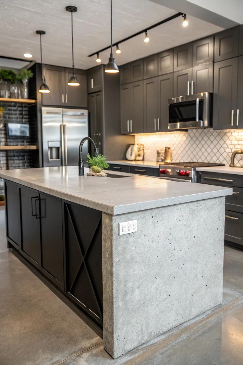 A concrete countertop that introduces an industrial yet refined appeal to a modern kitchen island.