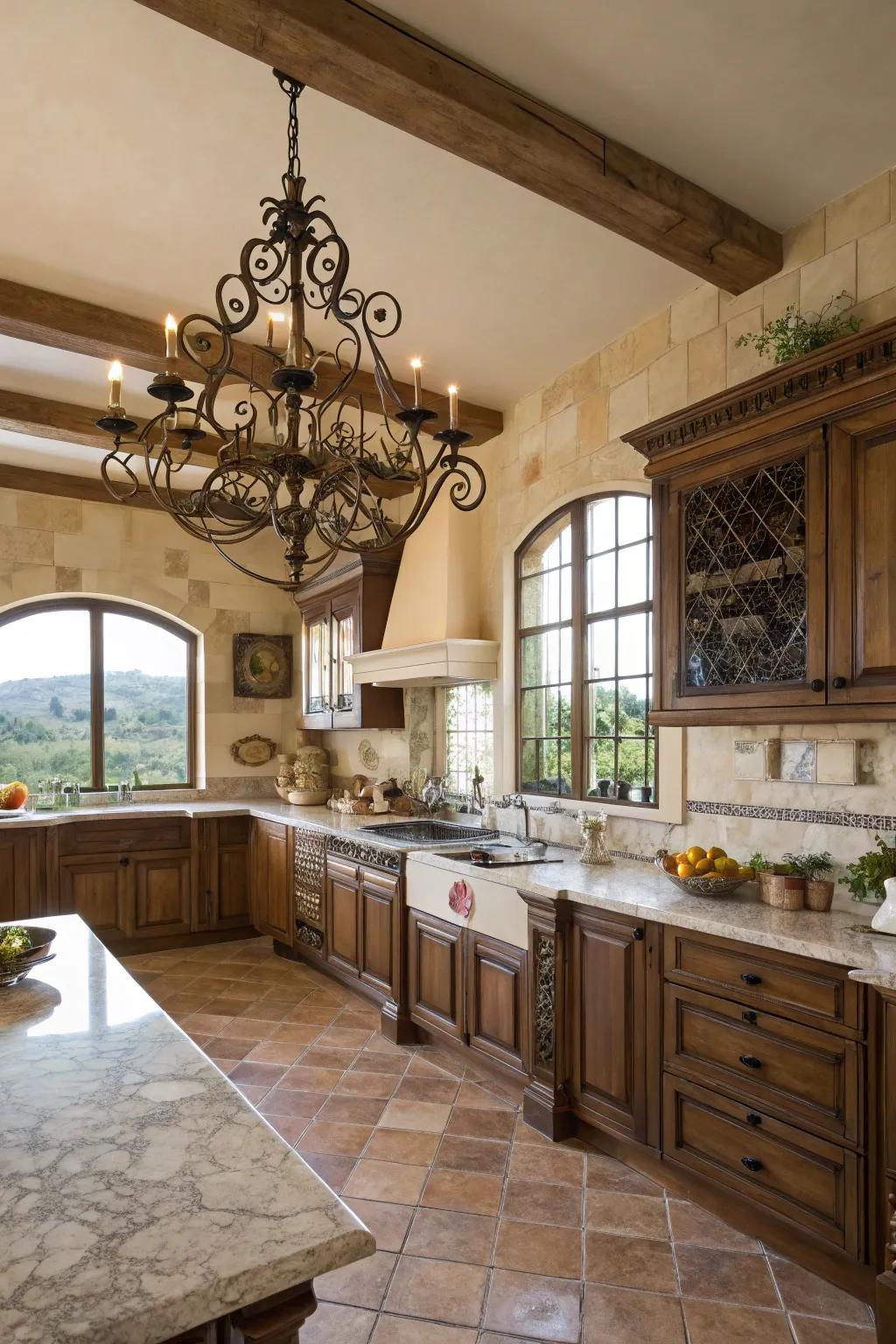 A wrought iron chandelier introduces refinement and vintage charm.