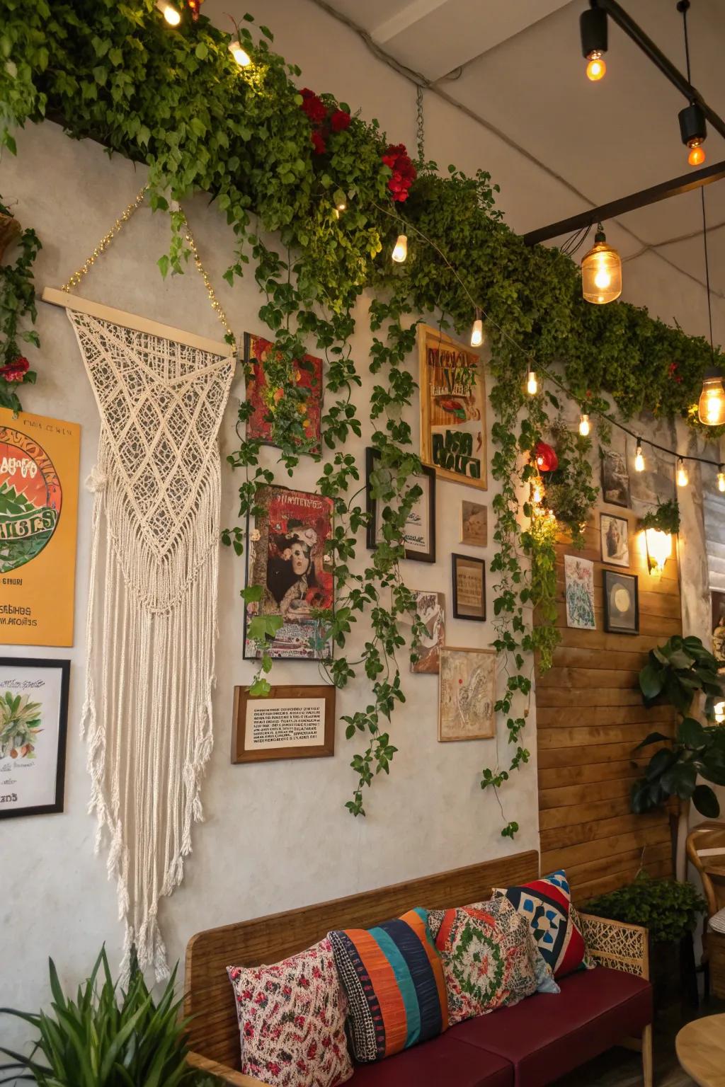A bohemian green wall with diverse decorations cultivating an artistic and snug vibe.