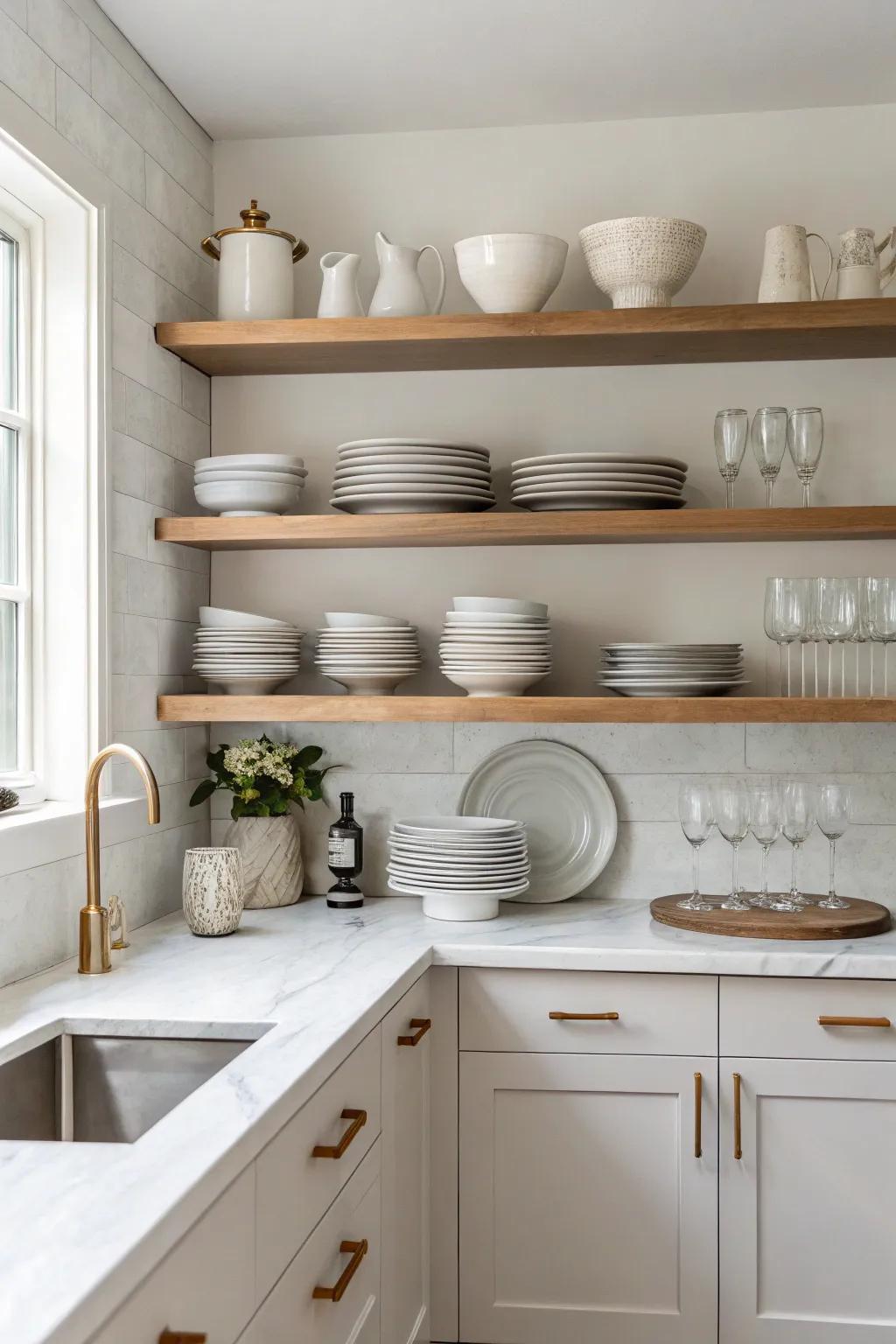 Open shelving makes the kitchen feel light and appealing.